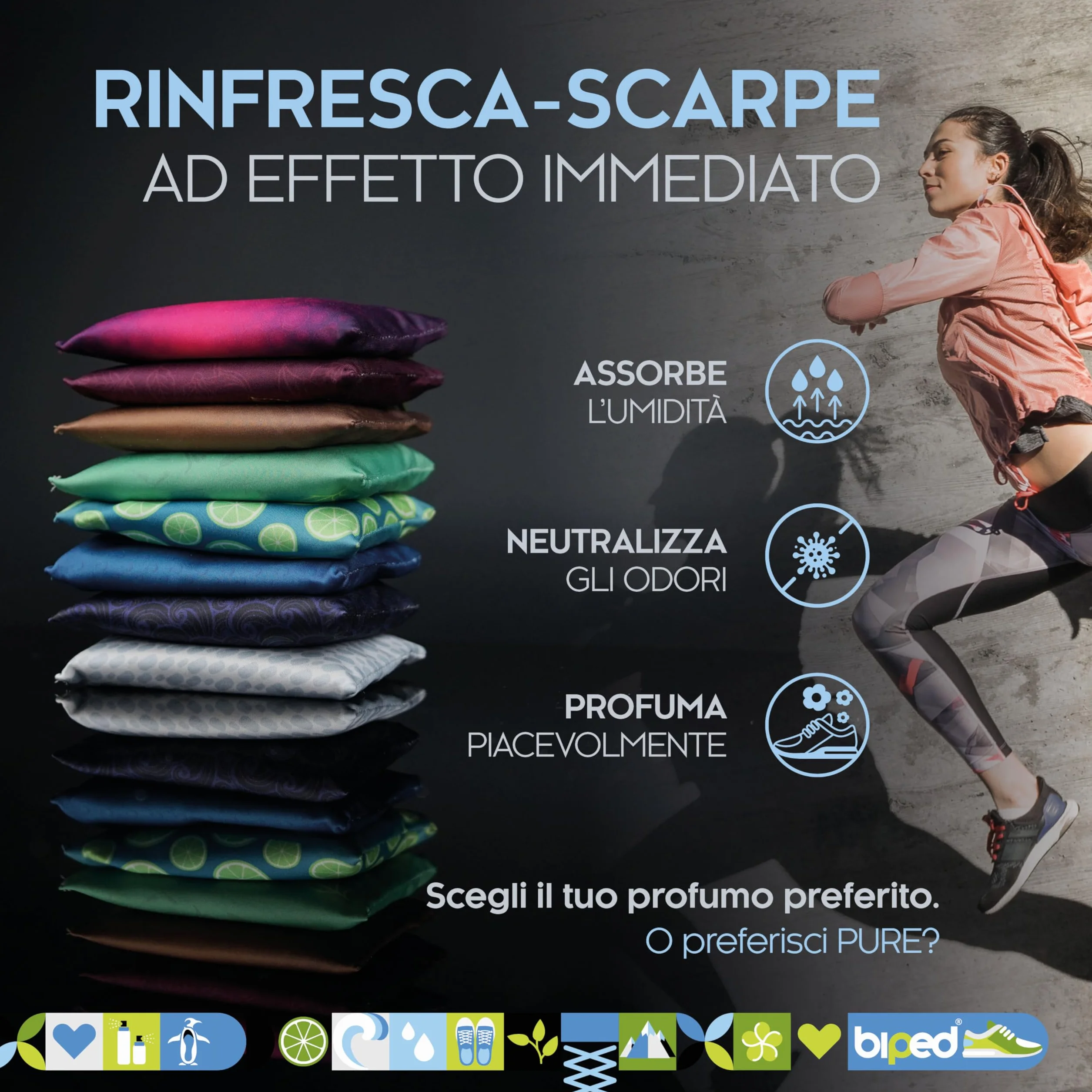 biped FRESH! ACTIVE Deodorante per scarpe con carbone attivo di bambù cuscino profumato o versione PURE senza oli contro sudore e cattivi odori effetto asciugante (LEMON)