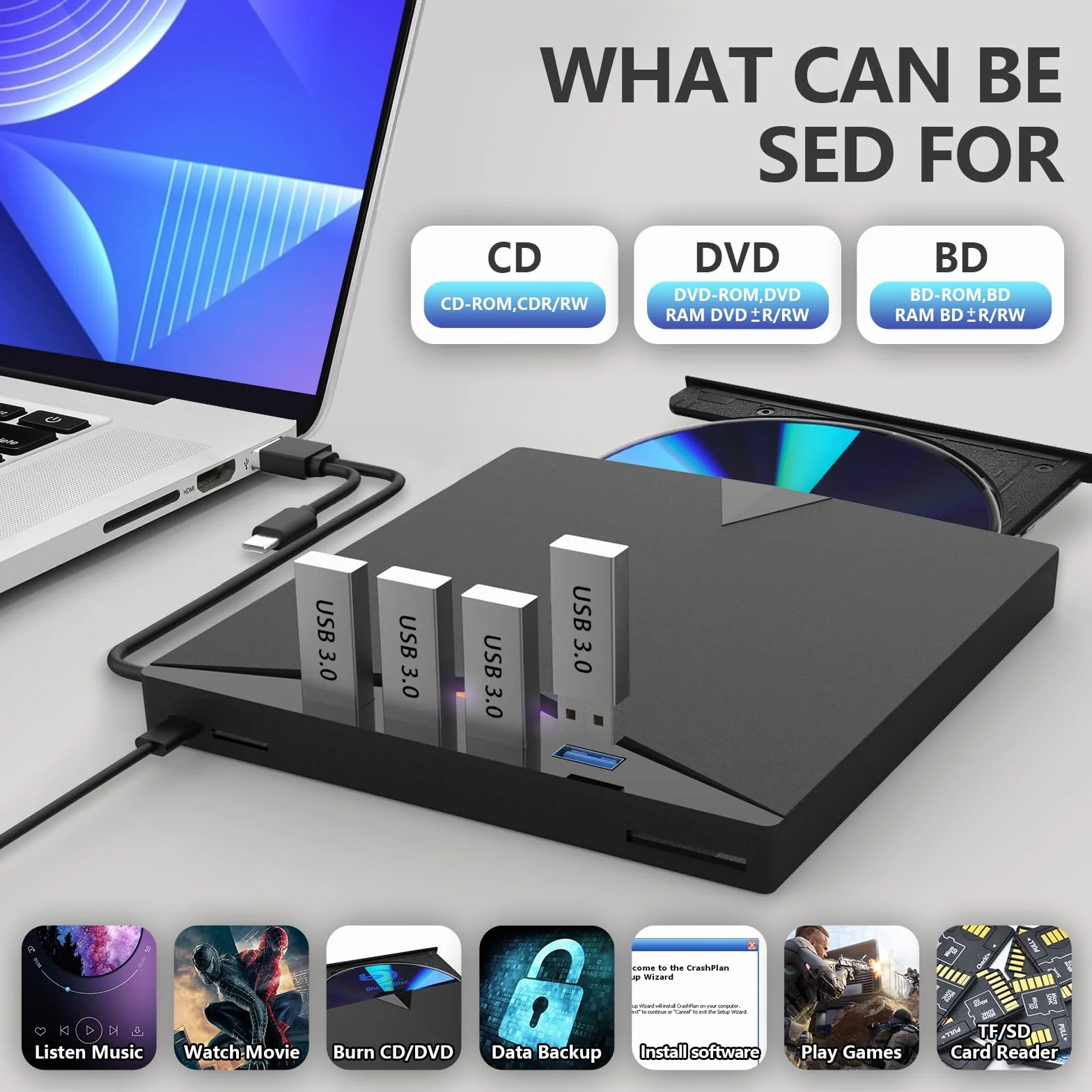 JOOPSHEE Lettore Blur ay Drive compatibile esterno Lettura/scrittura BD DVD CD compatibile Blu ray Burner USB 3.0 Type-C/Windows/Mac OS Laptop