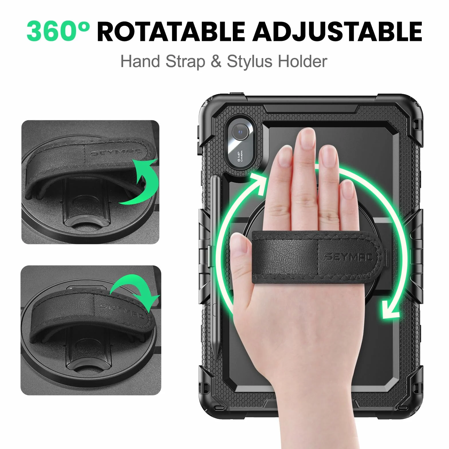 SEYMAC Custodia per Lenovo Idea Tab 11 pollici 2025, Tab M11, Tab K11, Antiurto, Pellicola Protettiva, Supporto Girevole 360°, Cinghia, Tracolla, Portapenne, Nero