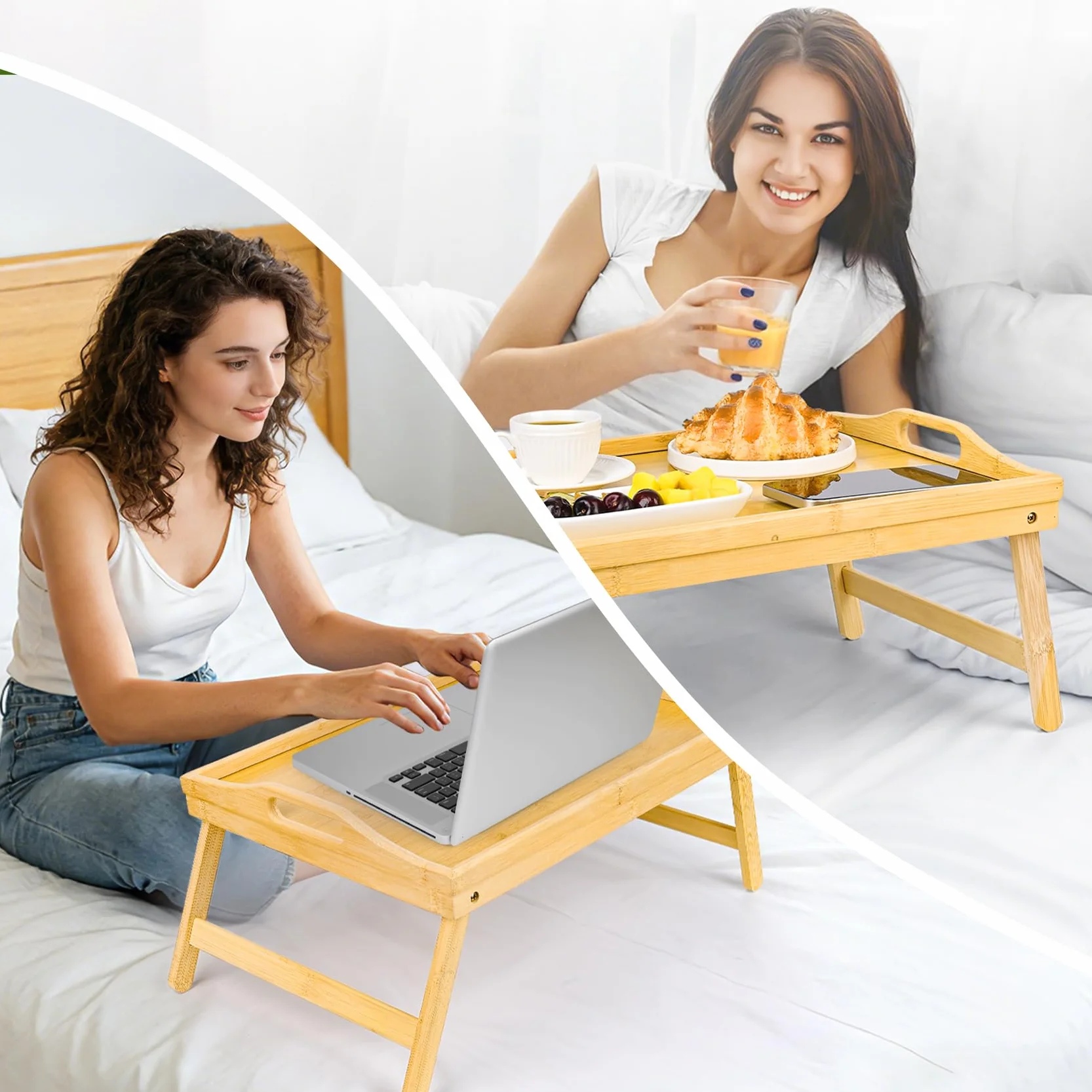 VASMIA Vassoio letto con gambe pieghevoli, per la prima colazione in bambù per mangiare, servire o usare come vassoio, scrivania portatile per laptop, vassoio per snack, Naturale