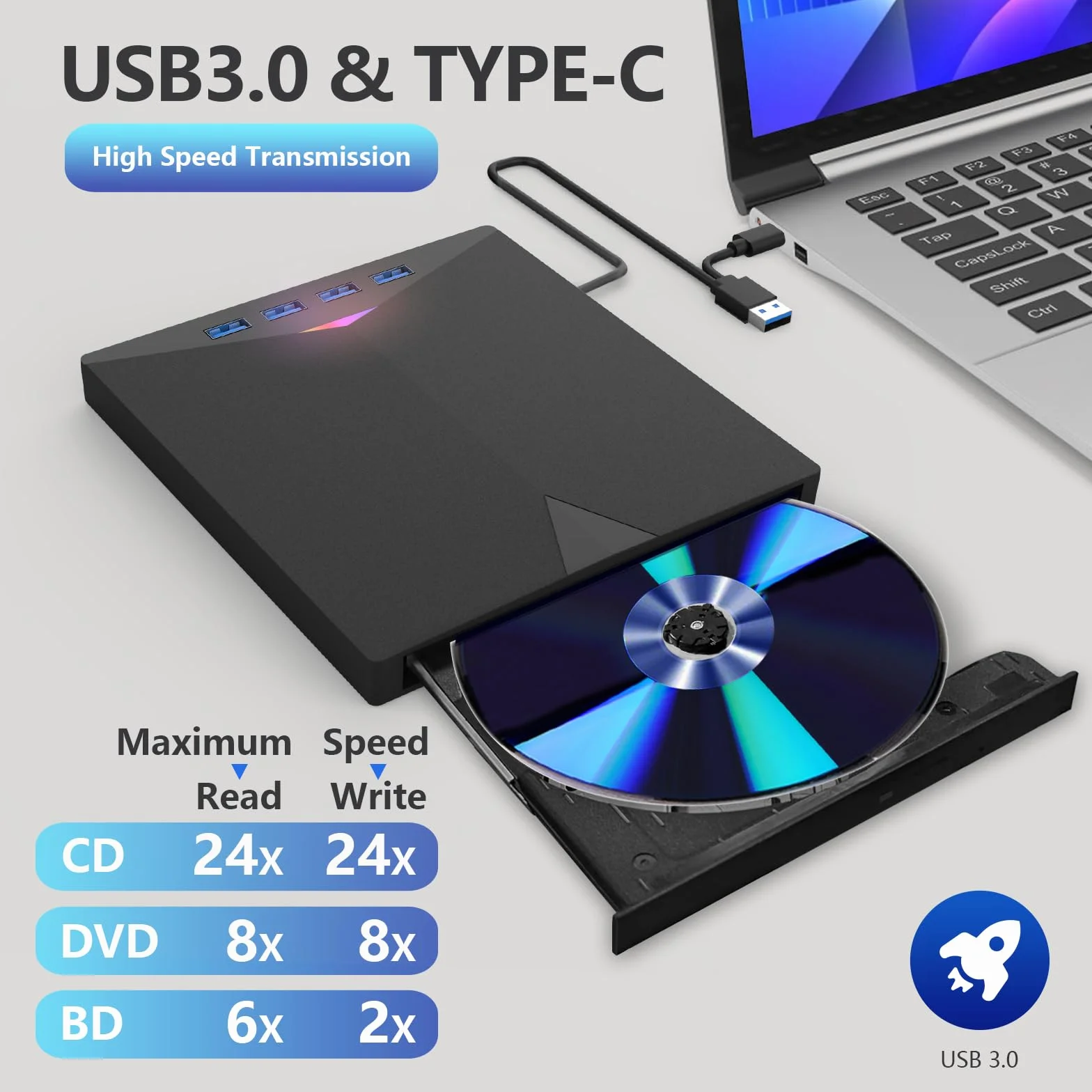 JOOPSHEE Lettore Blur ay Drive compatibile esterno Lettura/scrittura BD DVD CD compatibile Blu ray Burner USB 3.0 Type-C/Windows/Mac OS Laptop