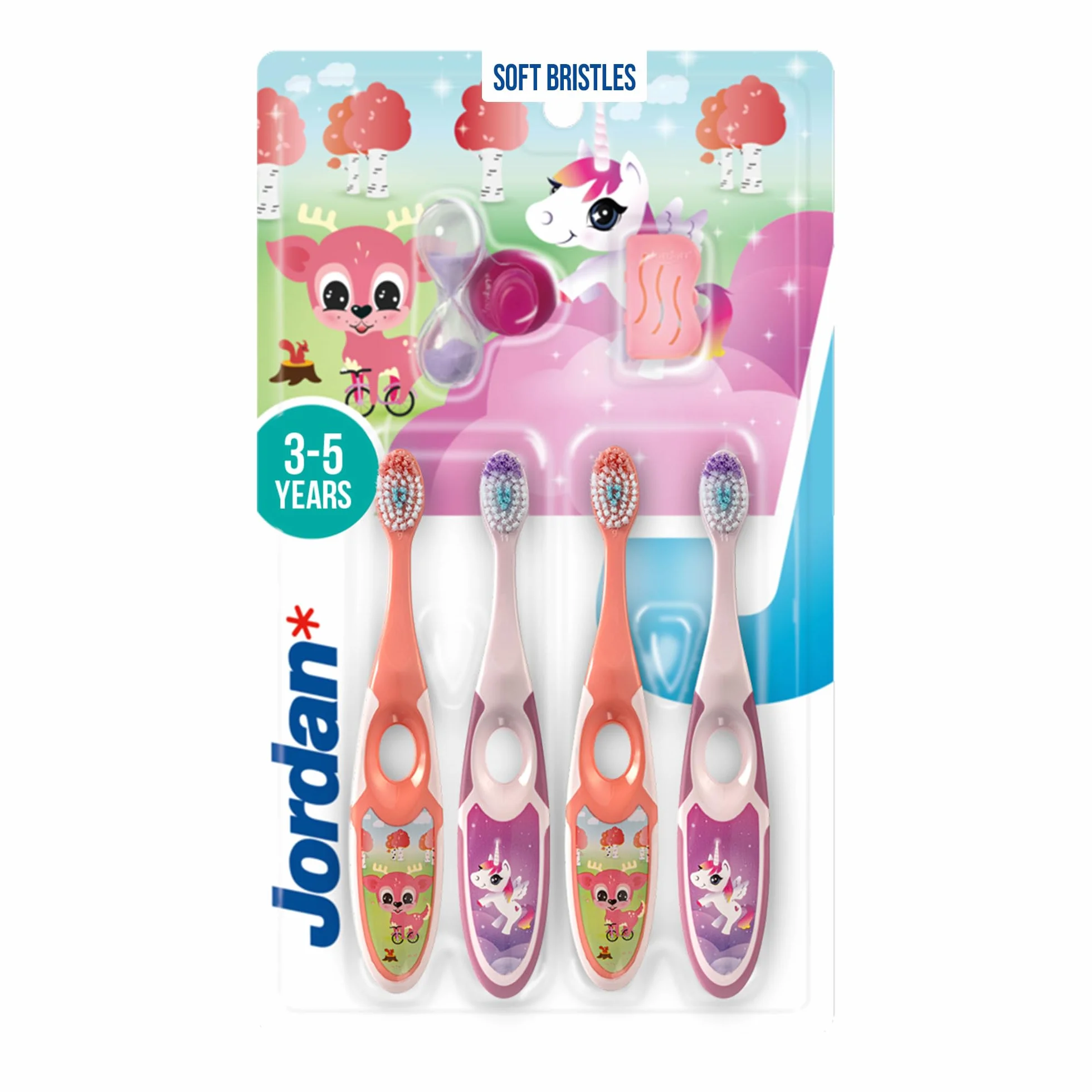 Jordan Step 2 Spazzolino da denti Bambini 3-5 anni Setole morbide Senza BPA Rosa & Giallo 4 unità