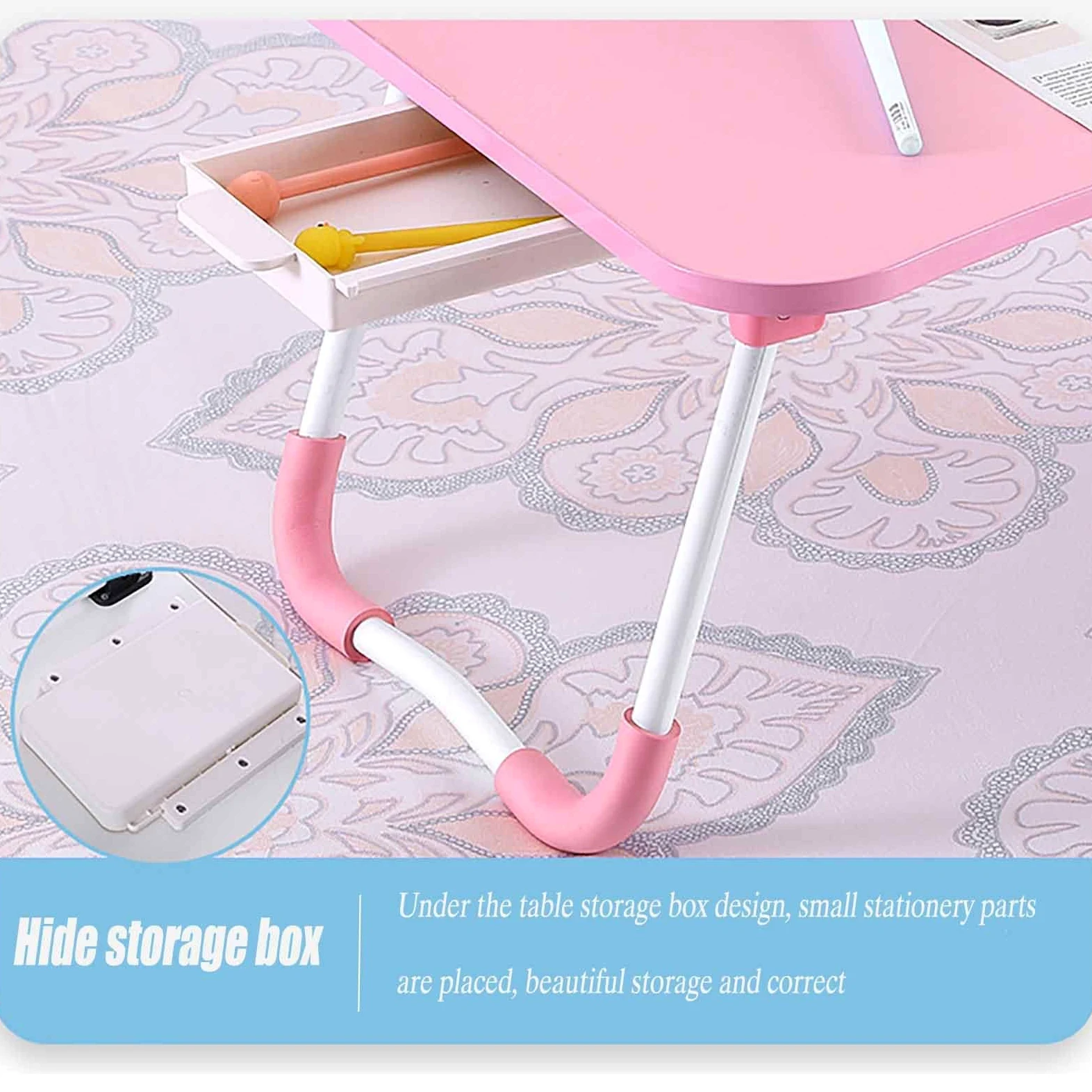 Scrivania per Laptop Multifunzionale Supporto per Laptop Pigro Tavolino Pieghevole Portatile Tavolino da Letto con Cassetto Portaoggetti,Pink