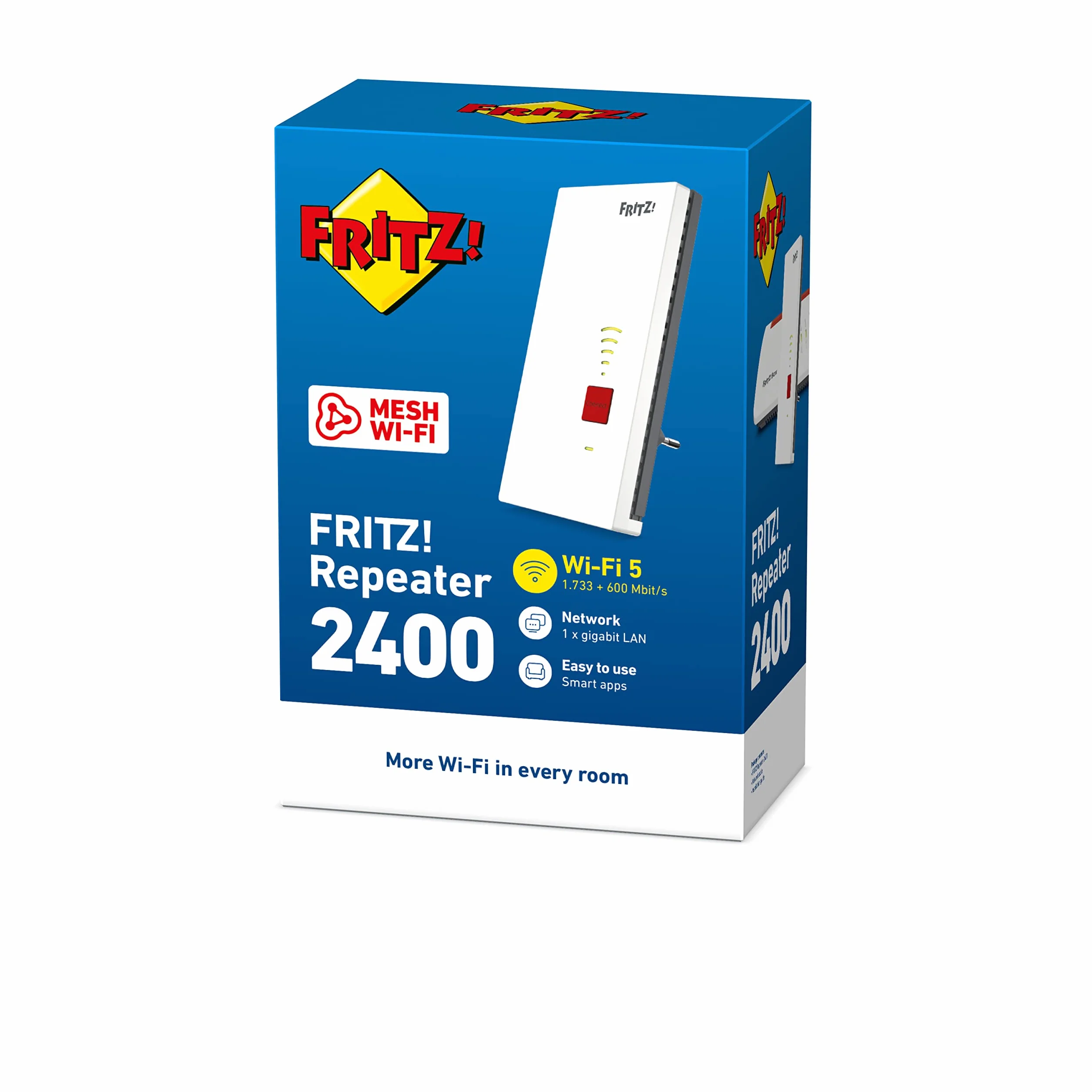 FRITZ!Repeater 2400 Edition International, Ripetitore - Wi-Fi Extender Dual Band Con 1.733 Mbit/s (5 GHz) & 600 Mbit/s (2,4 GHz), Mesh, Access Point, 1x Gigabit LAN, Interfaccia In Italiano