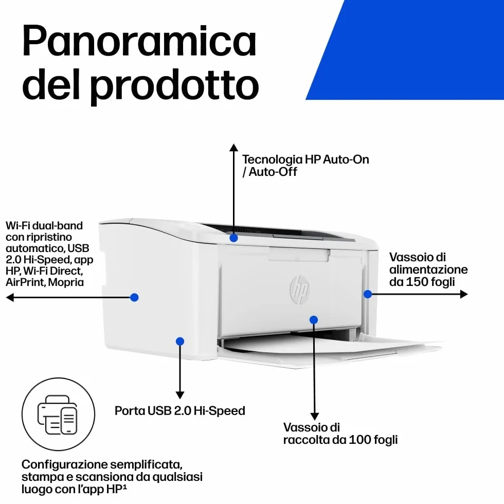 HP LaserJet M110w 7MD66F Stampante Laser A4 Monocromatica, Stampa Fronte e Retro Manuale, 20 ppm, Wi-Fi, Bianca