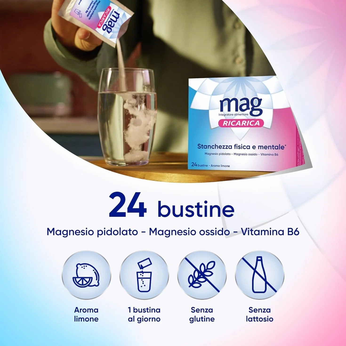 Integratori Magnesio Pidolato e Ossido con Vitamina B6 24 Bustine Limone