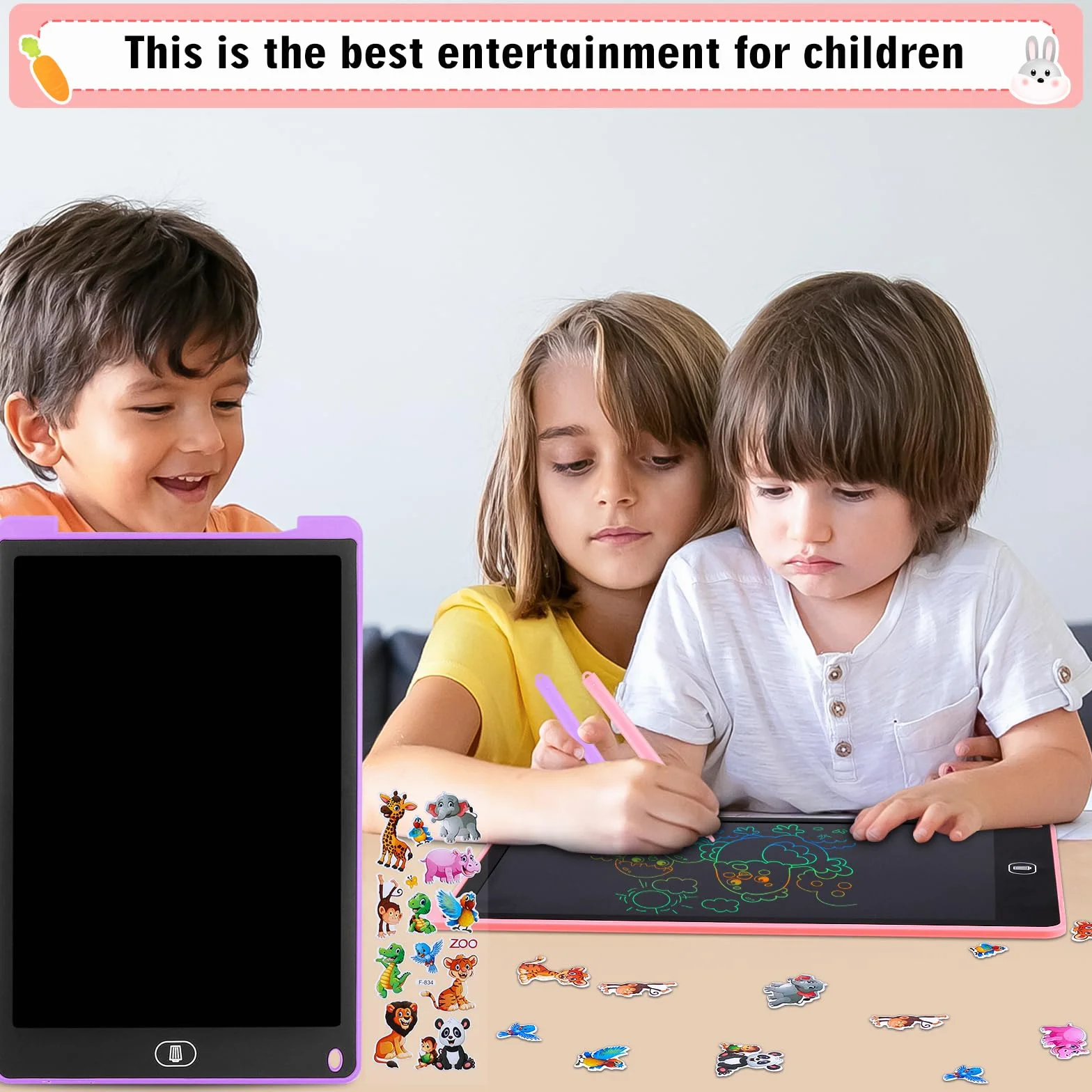 Tavoletta Grafica LCD 13 Pollici Schermo Colorato per Bambini, Taccuino Cancellabile con Adesivi Animali, Rosa e Viola, 2 Pezzi