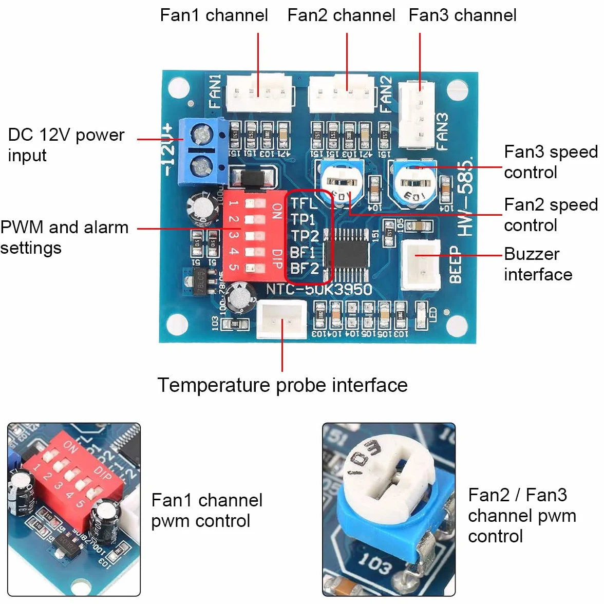 Modulo regolatore ventola PC Termostato PWM 4 fili 3 canali DC 12V NTC Sensore termico Allarme cicalino