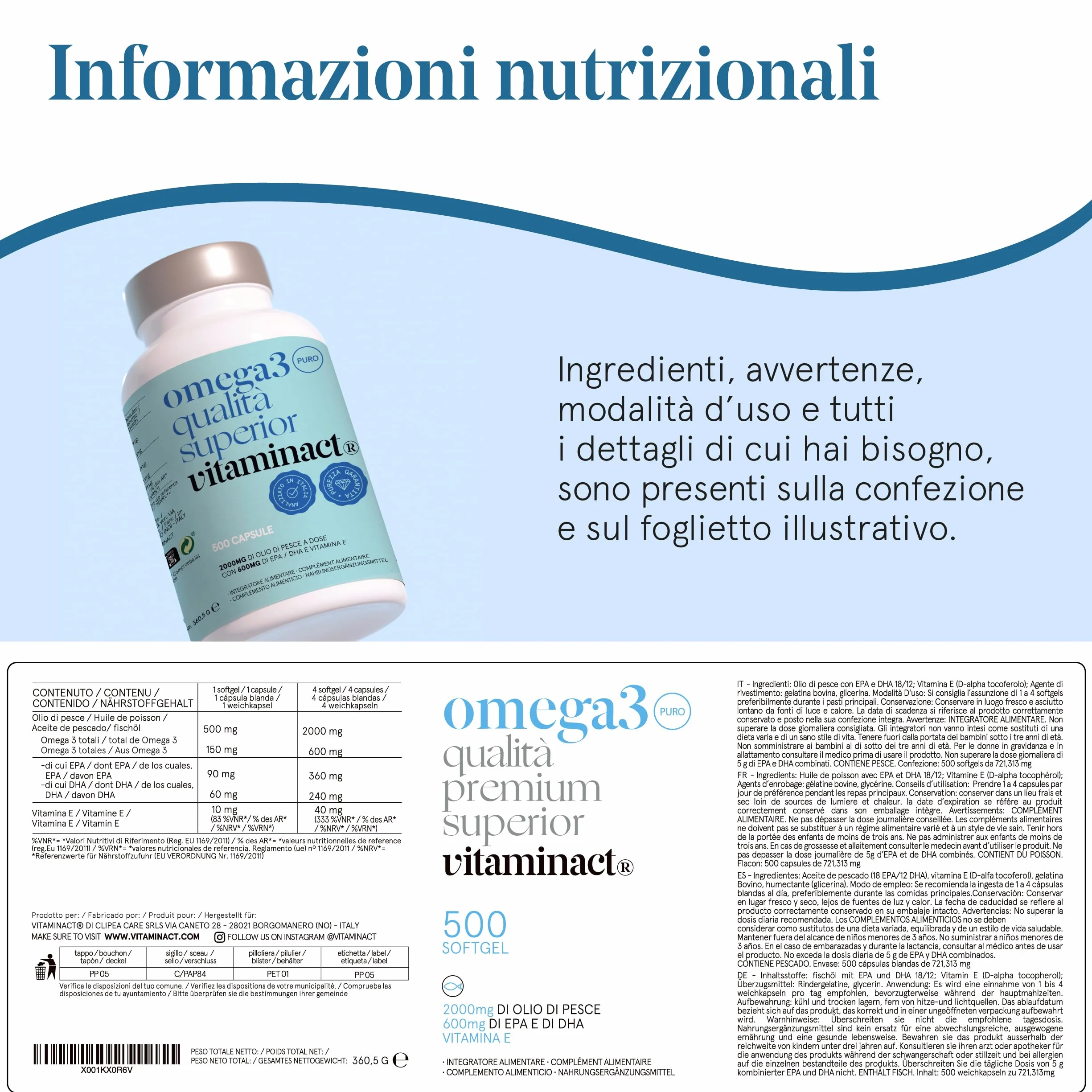 Omega 3 Capsule 2000mg Olio di Pesce Trigliceride 600mg EPA DHA Vitamina E