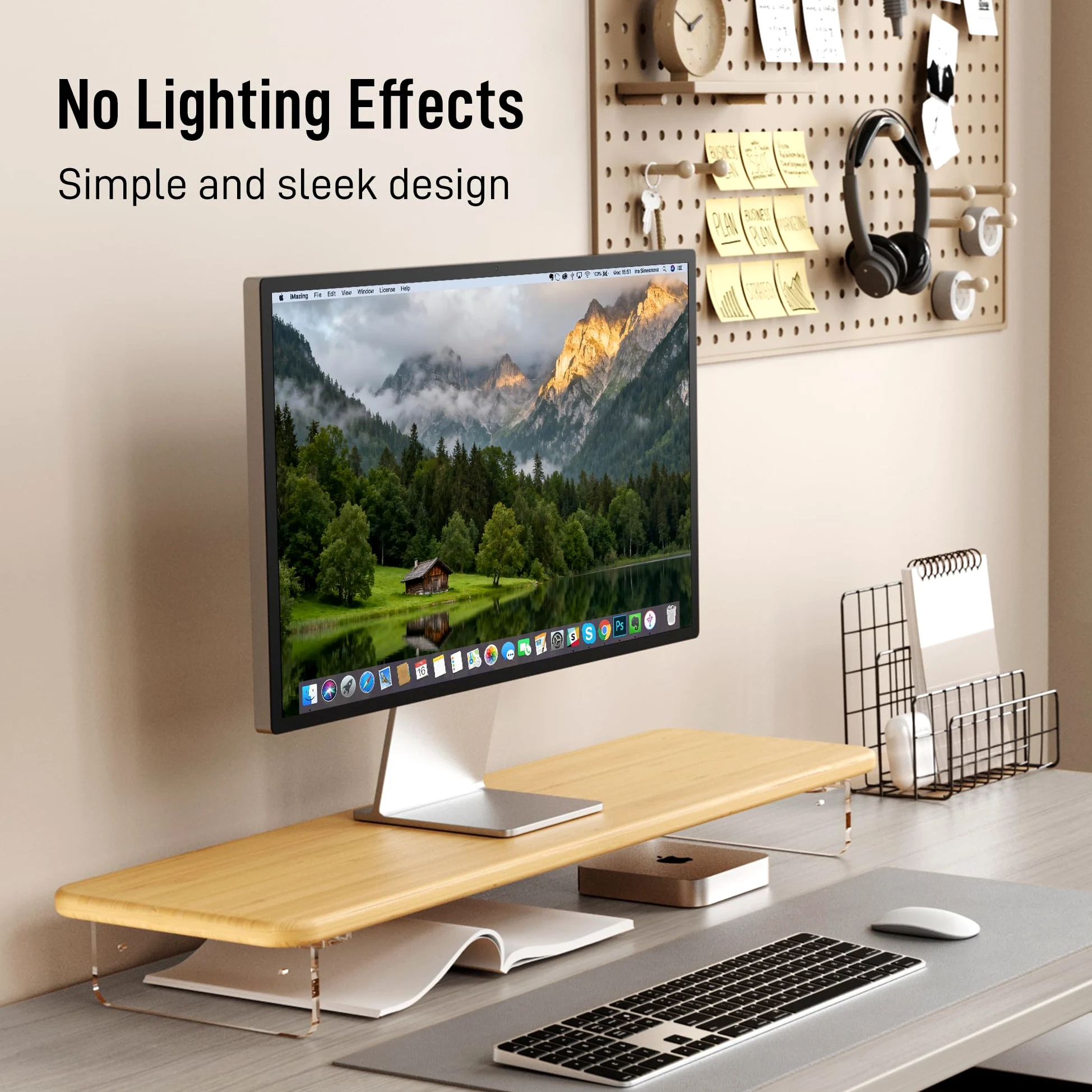 AFOOYO Supporto per monitor, in bambù e acrilico, supporto per monitor del computer con luce a LED, grande supporto per monitor da 31 pollici per scrivania, supporto organizer da scrivania per