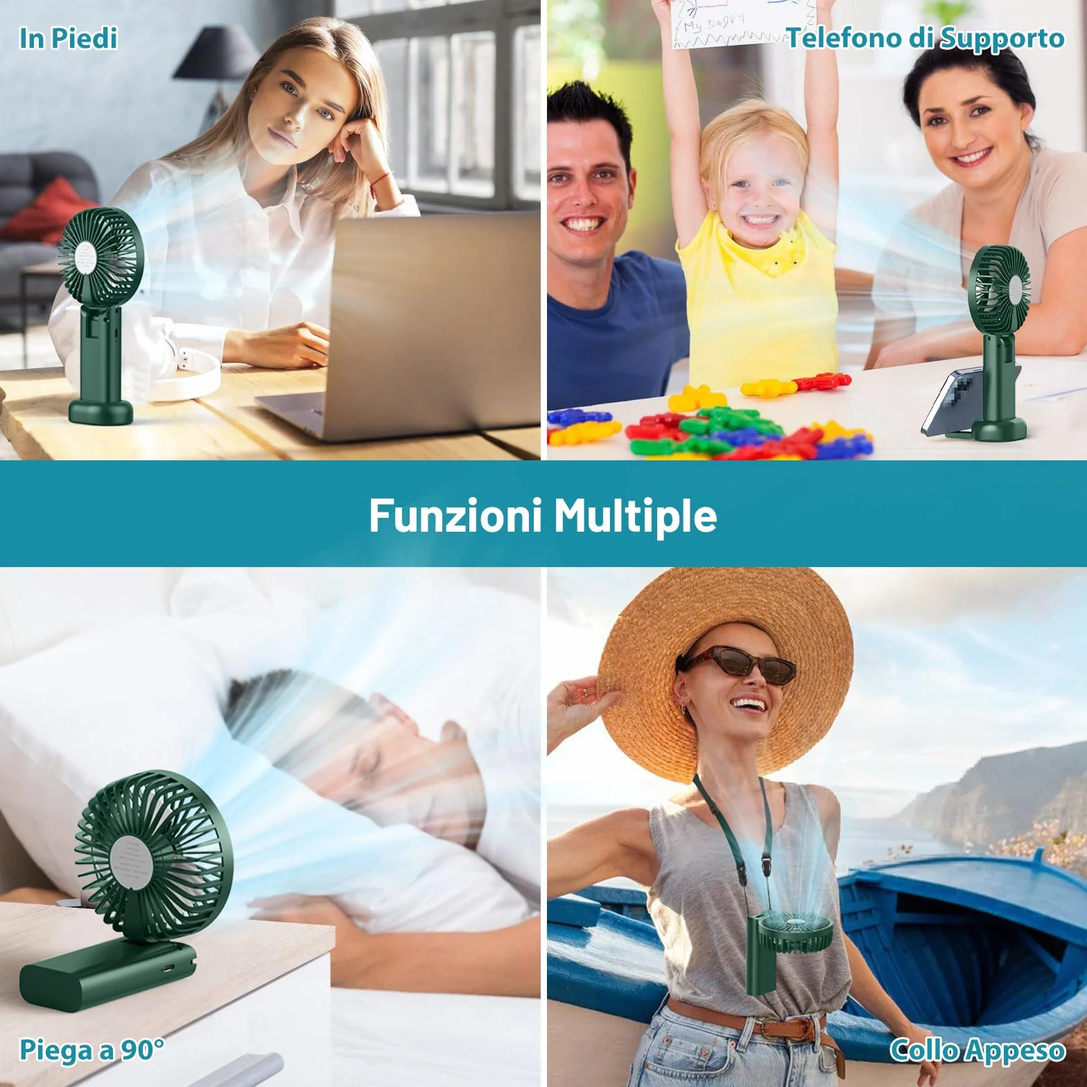Ventilatore Portatile,Mini Ventilatore USB Ricaricabile,Pieghevole Ventilatore A Mano Silenzioso Potente,3000 mAh, 3 velocità di ventilazione da Tavolo per Viaggi,Ufficio,Campeggio-Verde