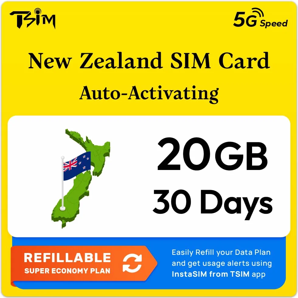 SIM Nuova Zelanda | Piano Super Economy Ricaricabile 20GB! Attivazione automatica, validità 30 giorni | Velocità 5G + Hotspot | Solo Dati Nessun Numero di Telefono