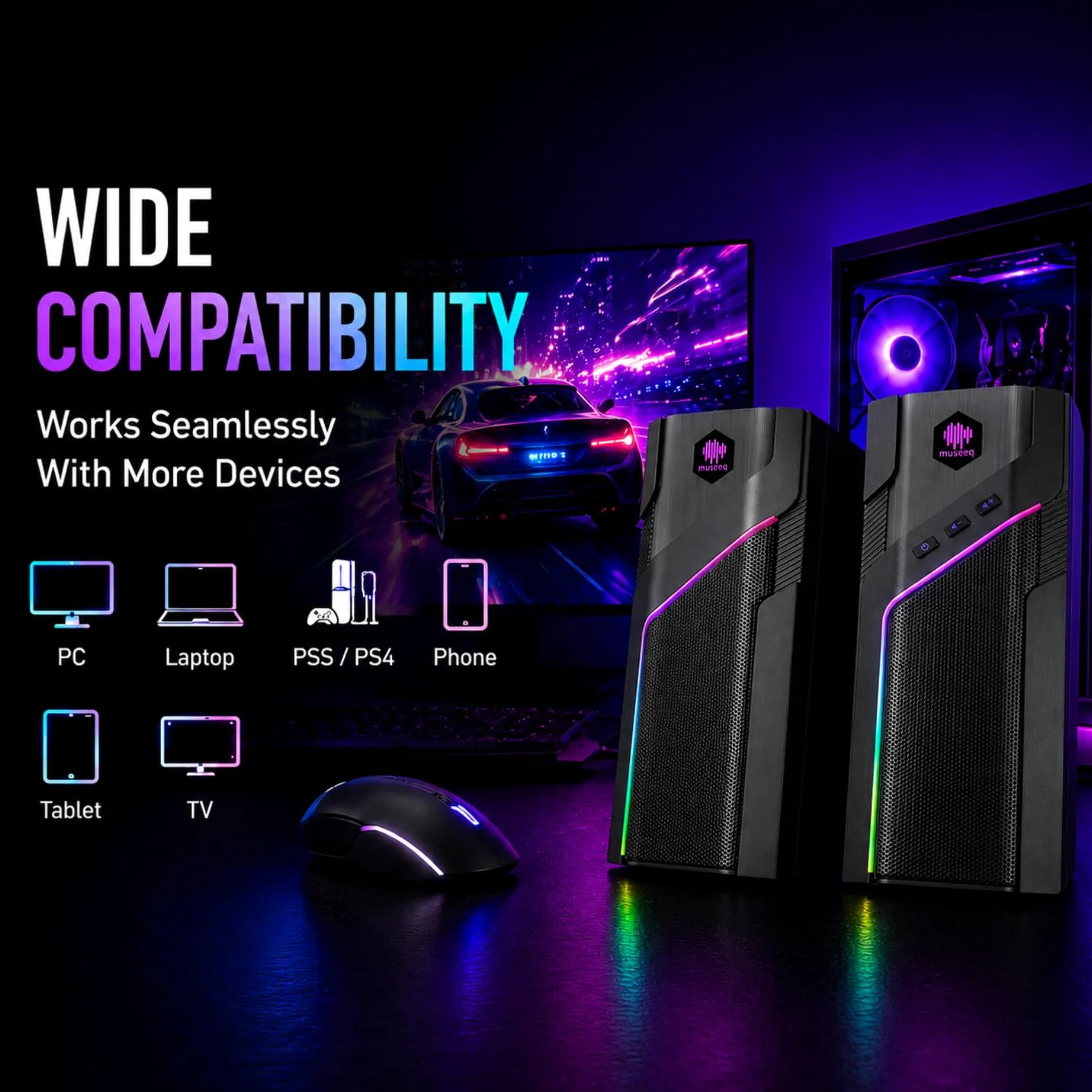 W-206RE Altoparlanti per PC desktop, luci RGB Bluetooth | 21 modalità RGB, suono stereo chiaro, Bluetooth, alimentazione USB, AUX da 3,5 mm e controllo touch per monitor