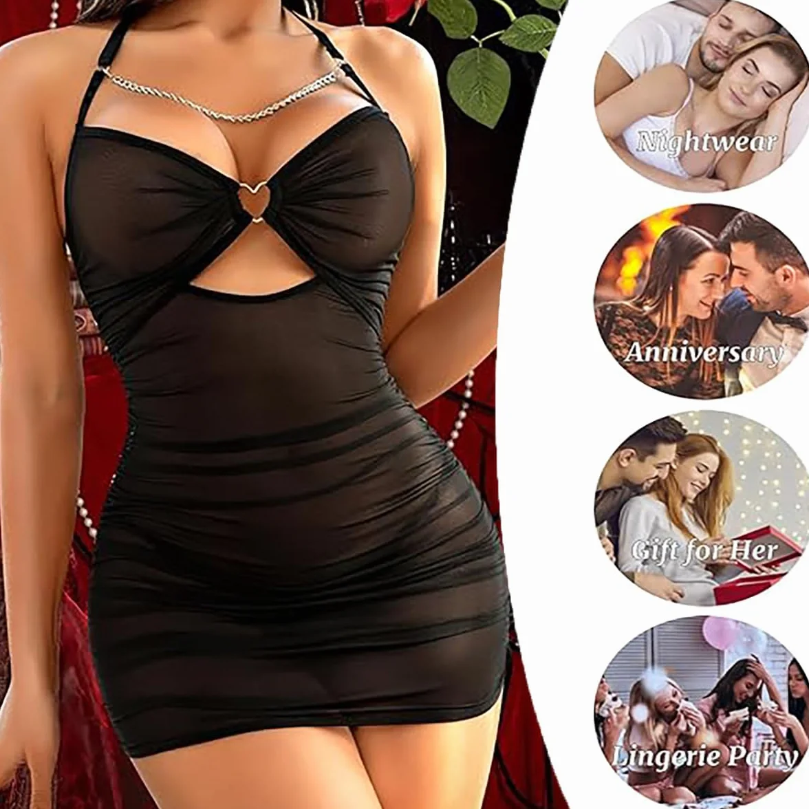 Mini abito in rete trasparente sexy da donna con fascia per il collo e cuore traforato
