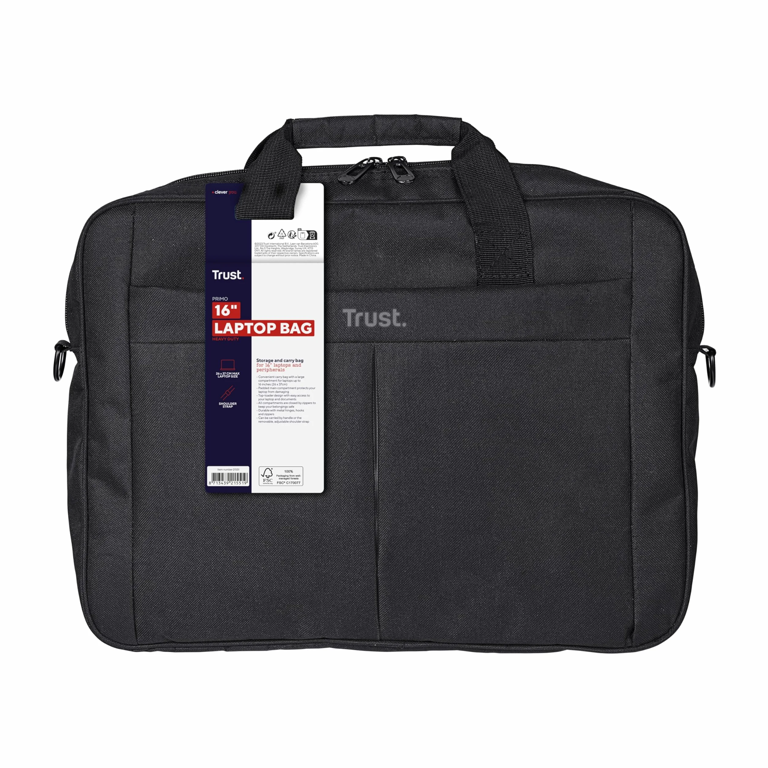Trust Primo Borsa Porta PC Portatile 16 Pollici, Borsa a Tracolla Regolabile per Laptop Fino a 385 x 315 mm, Custodia Trasporto Tessuto Resistente per Computer Notebook Macbook Dell HP Asus, Nero