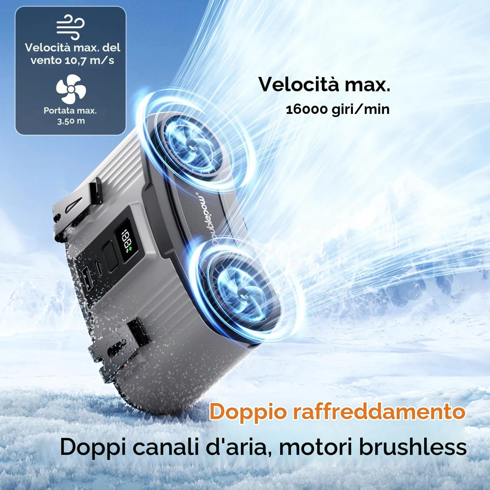 Ventilatore da cintura portatile da 24000 mAh, con clip, ricaricabile, doppio motore con doppio canale d'aria, 10 velocità, 45 ore di autonomia, per cantiere, lavoro all'aperto, viaggi, interruzione