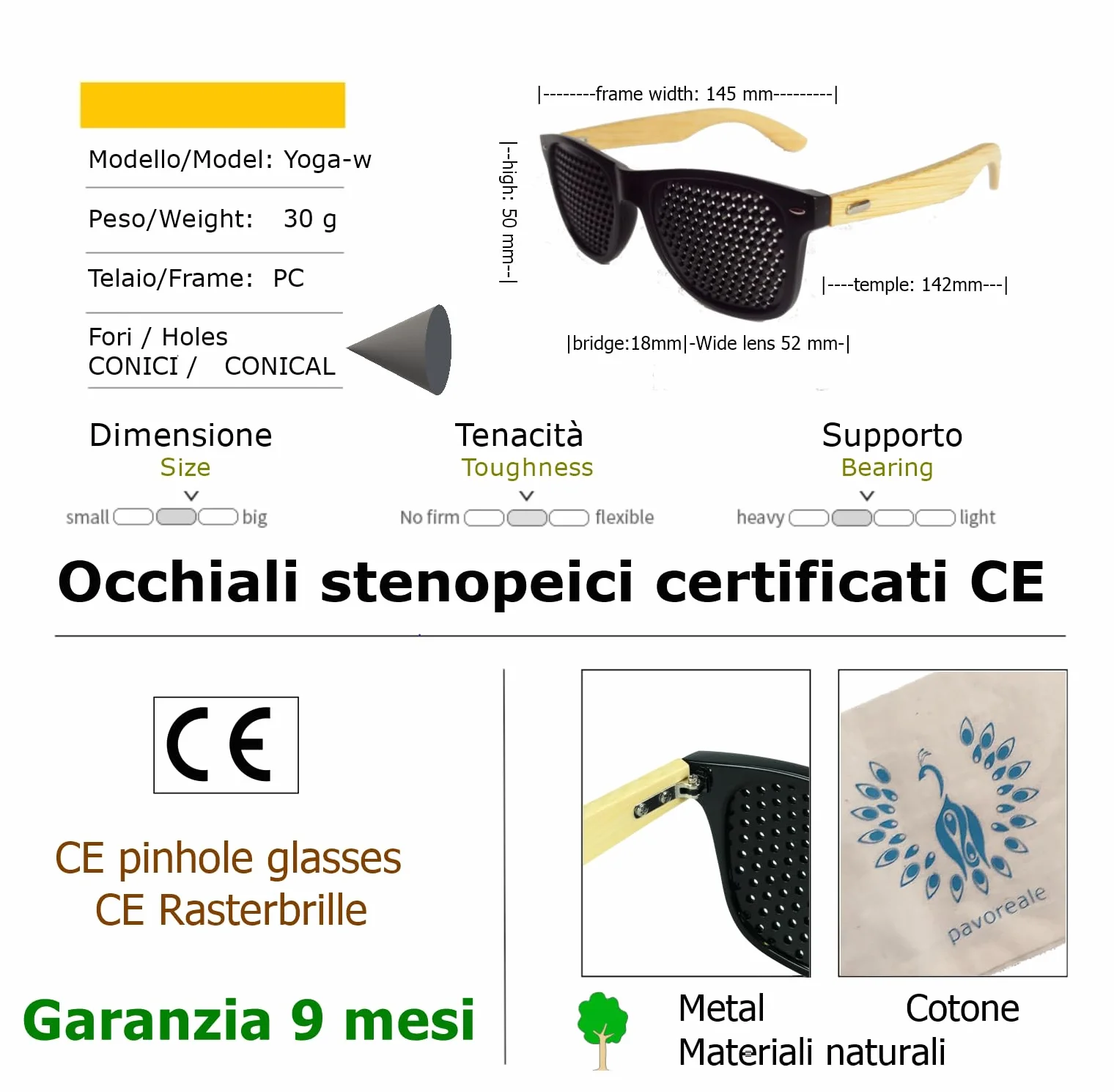 Occhiali stenopeici certificati pinhole glasses con EBOOK GRATS Bates, aste in bambù