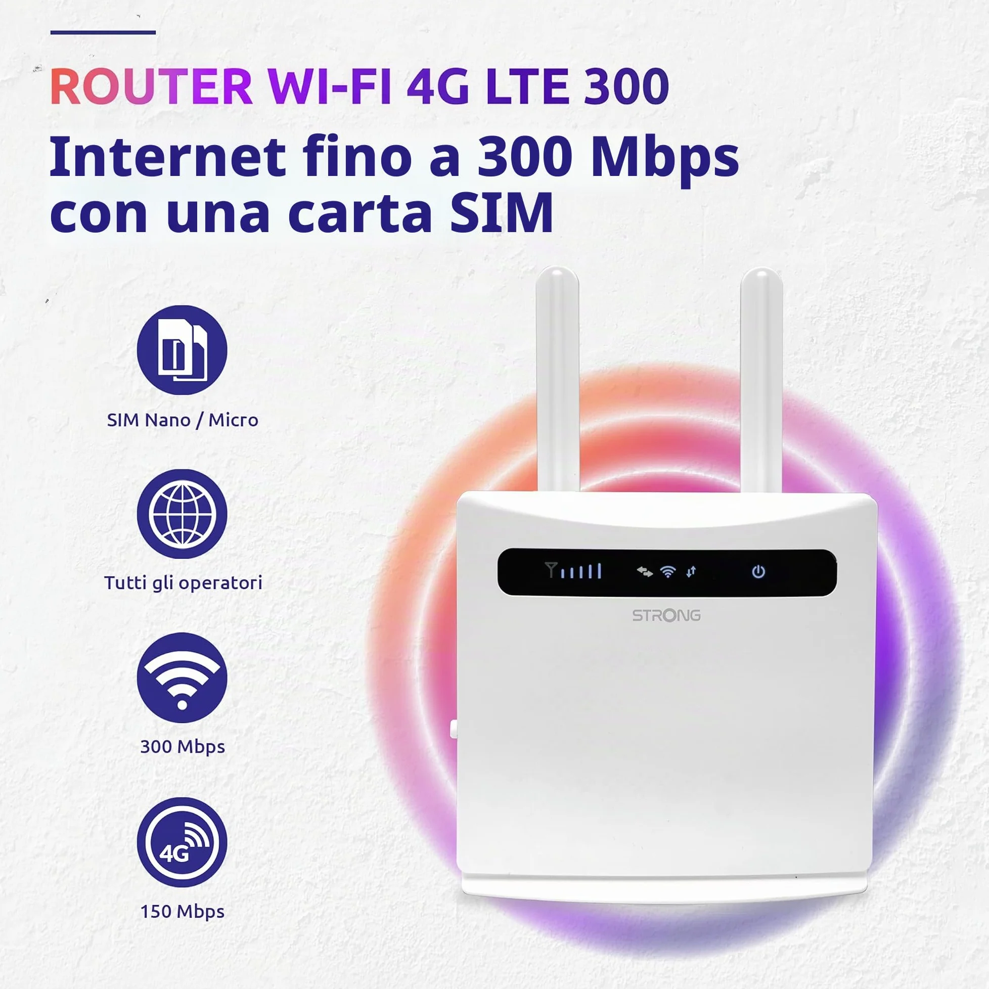 STRONG 4ROUTER300V2 LTE fino a 150 Mbps, Wireless N300Mbps, Router WiFi con Slot per Sim, 4 Porte LAN, Cat 4, Modem 4G Sim. Funziona con qualsiasi operatore. Bianco.