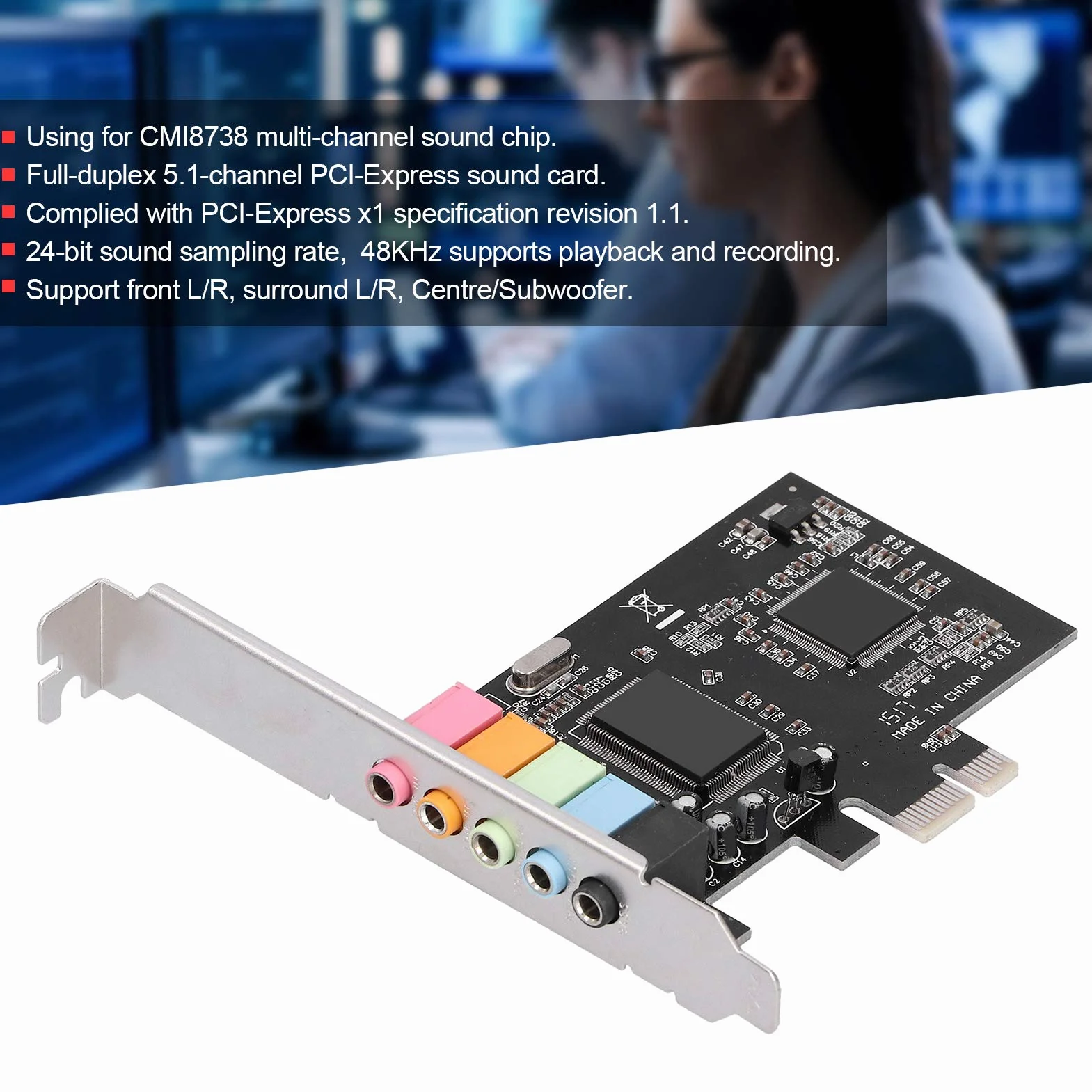 Scheda Audio 5.1 Full-duplex, Scheda Audio Interna 5.1 con Funzione di Cancellazione del Bilanciamento del Rumore e Frequenza di Campionamento Audio a 24 Bit, per PC