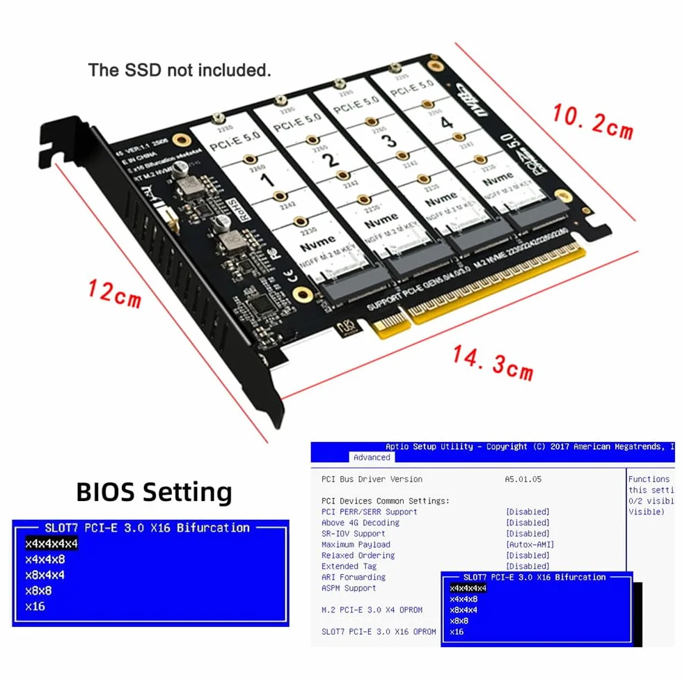 xiwai Adattatore SSD NGFF 4X NVME M-Key M.2 per scheda Raid PCIE Express 5.0 Gen5 Gen4 X16 con biforcazione staccabile VROC Raid0 Hyper