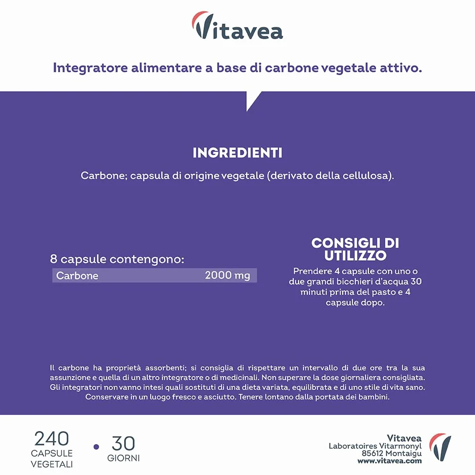 Carbone Vegetale Attivo 2000 mg 240 Capsule Vegetali Detox Naturale Pancia Gonfia