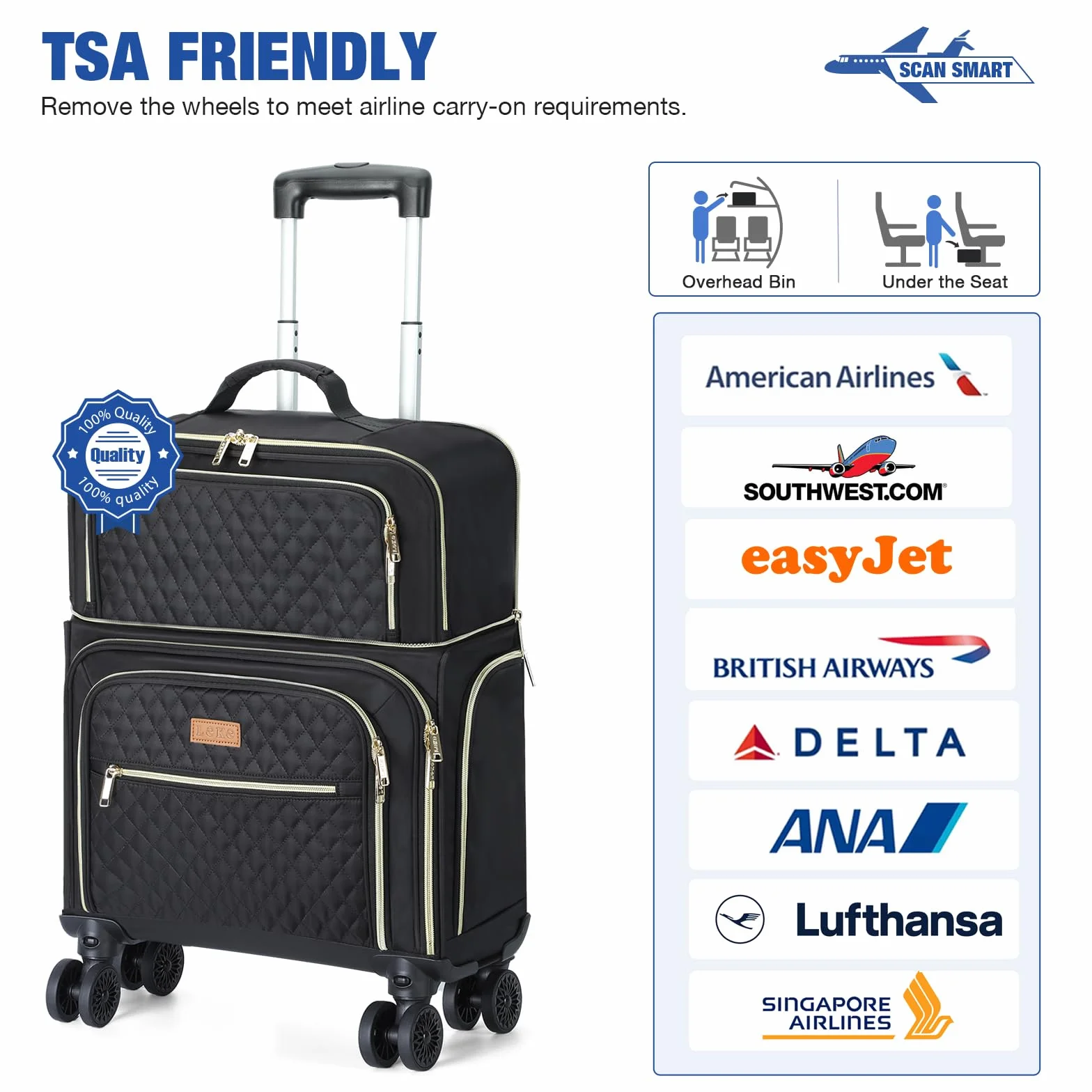 Lekeinchi Trolley Bagaglio a Mano 55x40x20 Espandibili 25-38L Valigia con 6 Tasche Organizer per Laptop Nero