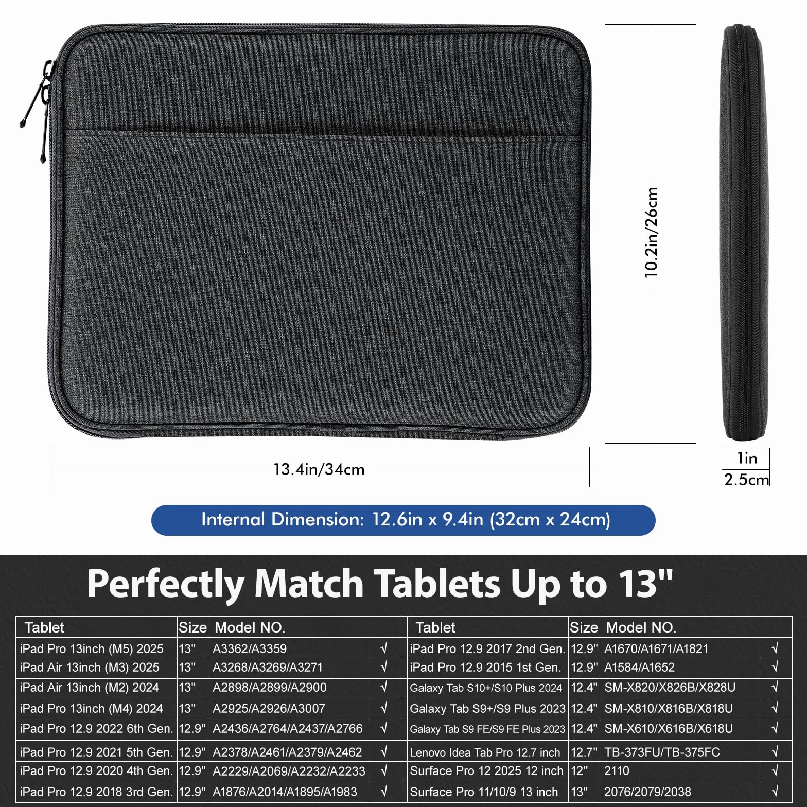 MoKo Custodia per Tablet da 13 Pollice, Custodia Morbida con Multitasche per 13" iPad Pro M4 2024, 13" iPad Air M2 2024, iPad Pro 12.9 M2 2022/2021/2020/2018,Surface Laptop Go 12.4",Nero & Grigio