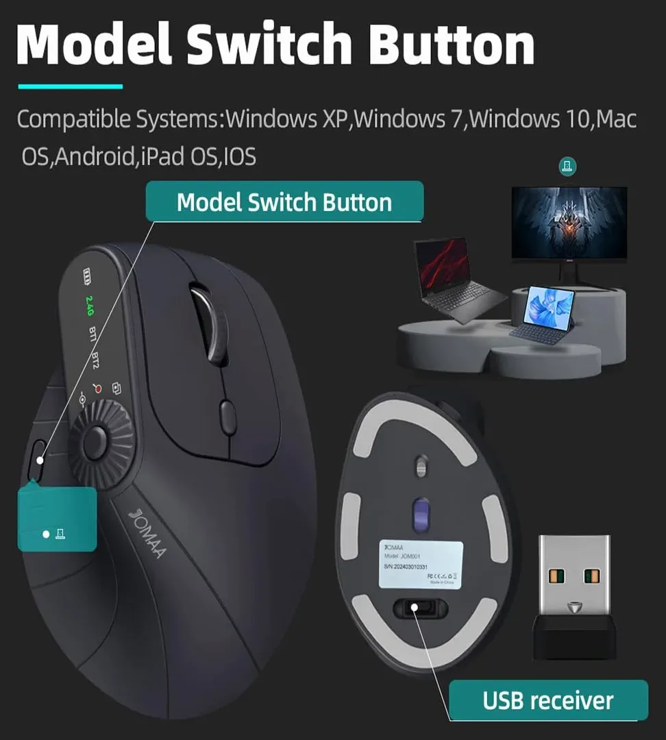 JOMAA Mouse verticale ergonomico senza fili 2,4 G e doppio Bluetooth, tre canali, DPI regolabile, piatto girevole multifunzionale, ricaricabile, per PC, laptop, MacBook (nero)