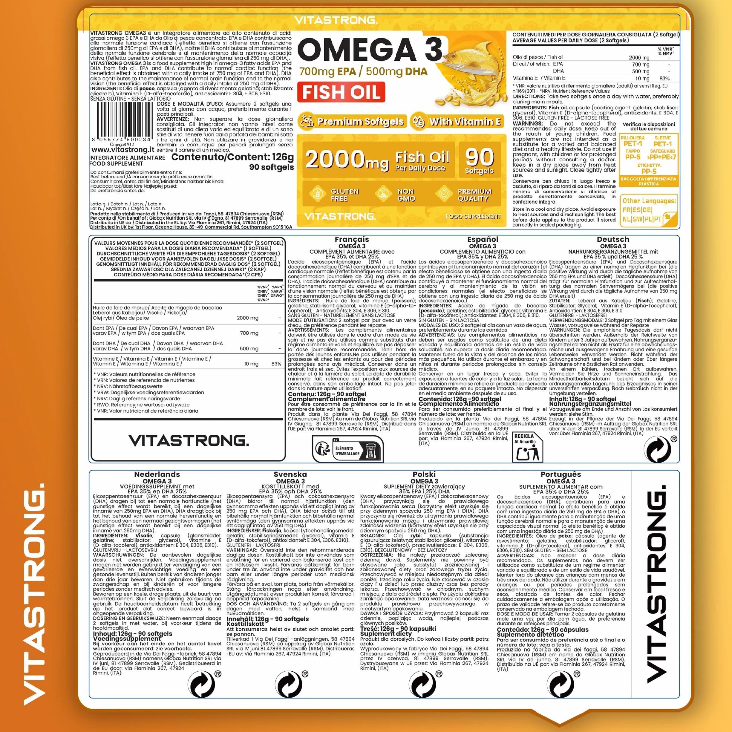 Omega 3 Olio di Pesce 2000mg EPA 500mg DHA Vitamina E Integratore Puro Cuore Vista Cervello