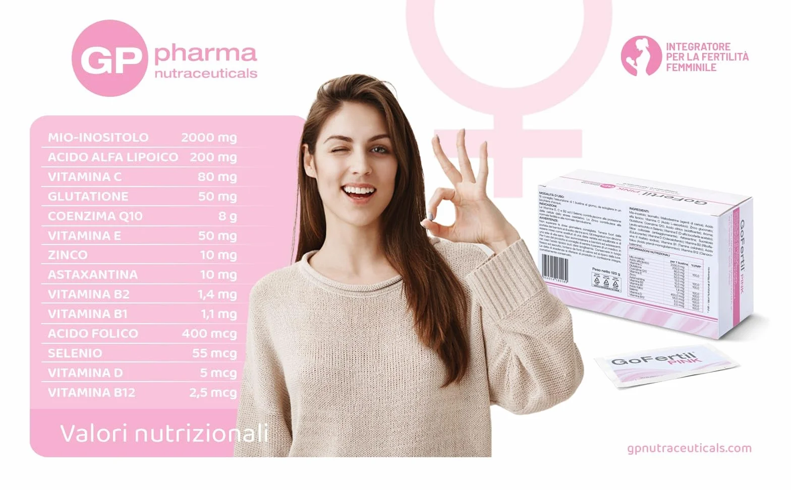 GoFertil Pink GP Nutraceuticals Myo Inositolo e Acido Folico per la Fertilità Femminile