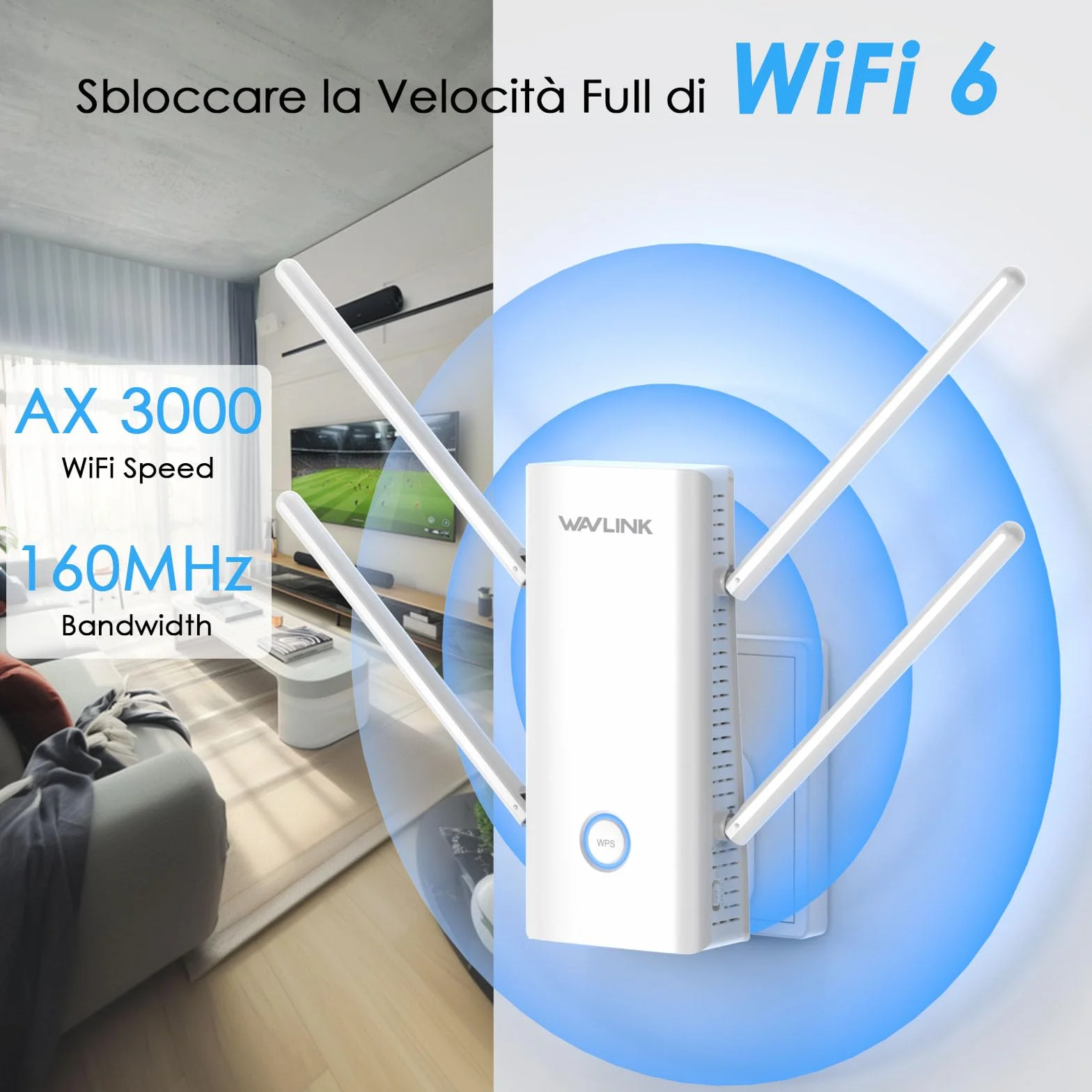 WAVLINK AX3000 Dual Band Wi-Fi 6 Range Extender, WiFi Extender Booster, ripetitore WiFi con porta Gigabit, antenne 4x5dBi, supporto ripetitore/AP/router/modalità mesh, facile installazione, funziona