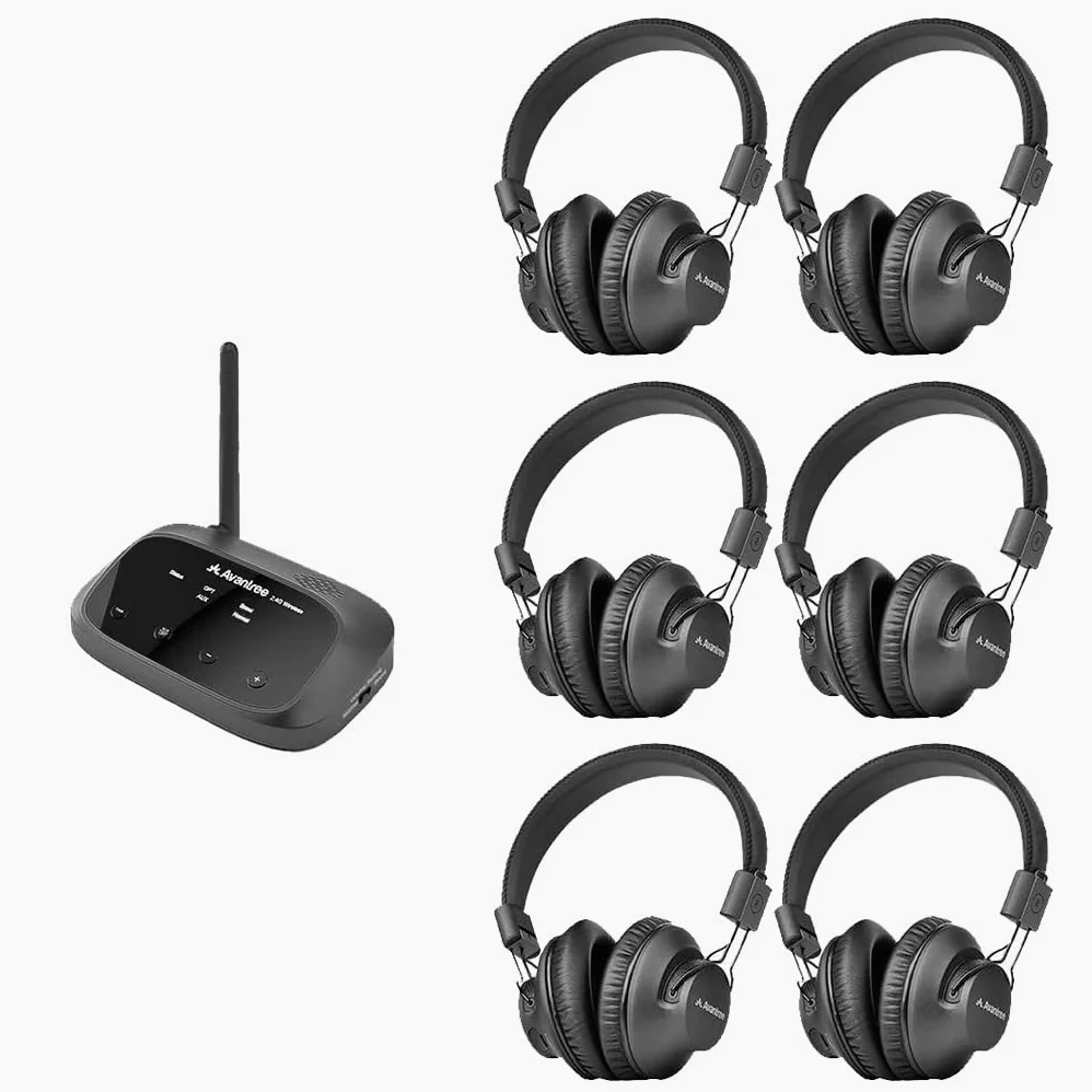 Avantree Quartet 2 – Bundle wireless compatibile Bluetooth per ascolto di gruppo con 4 cuffie e 1 trasmettitore + 2 cuffie aggiuntive, senza ritardi di sincronizzazione labiale, ideale per TV, silent