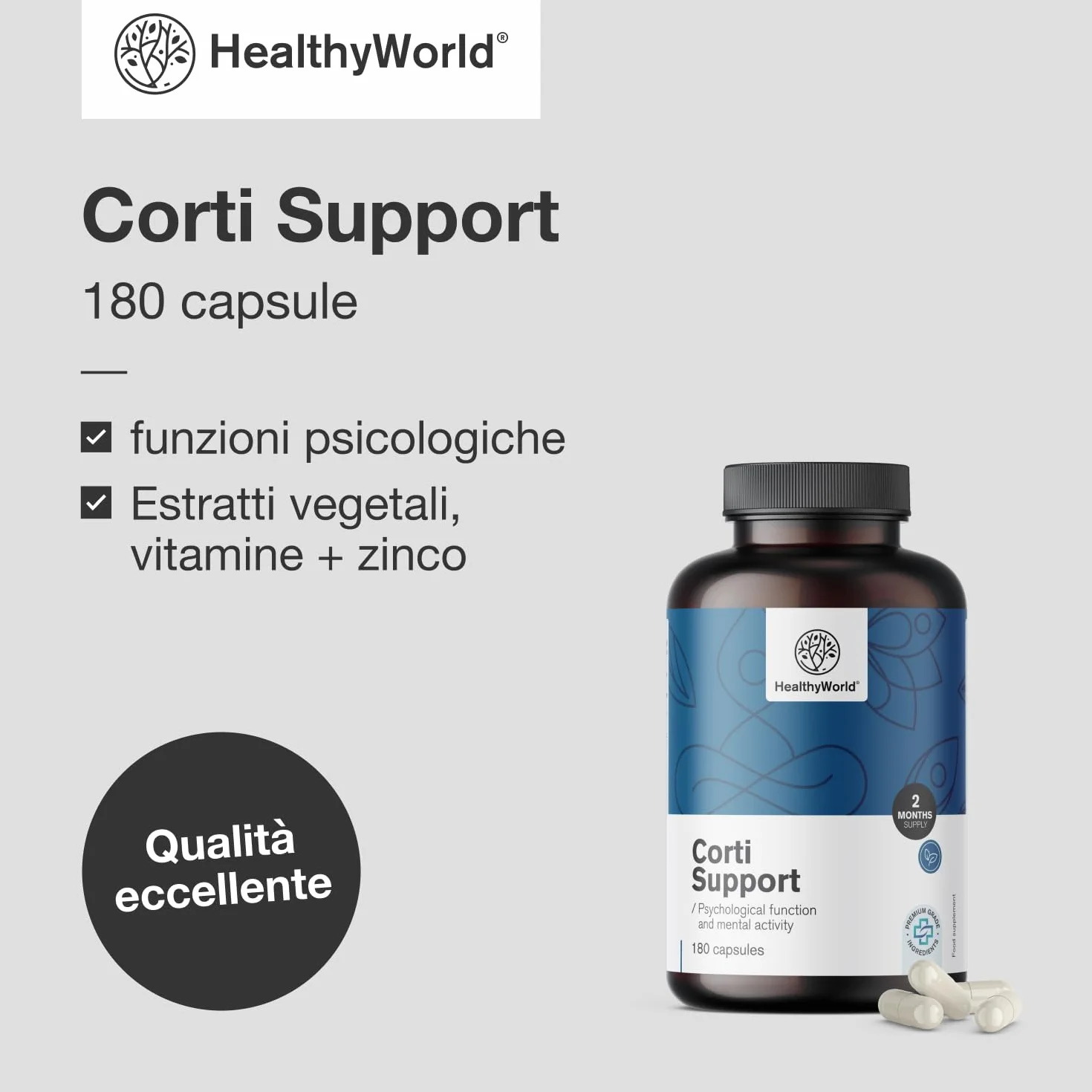 HealthyWorld Corti Support 180 capsule Ashwagandha Rodiola Rosea L-teanina Zinco Pepe nero Vitamina C1 B1 B5 B6 Equilibrio ormonale Formula vegetariana