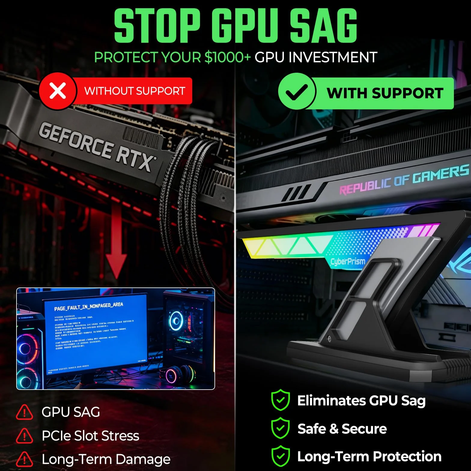 Supporto GPU ARGB, 75-125mm Supporto Scheda Grafica | Anti-sag per GPU triple slot, colonna in alluminio, base magnetica, ARGB 5V 3 pin, compatibile RTX 4090/5090