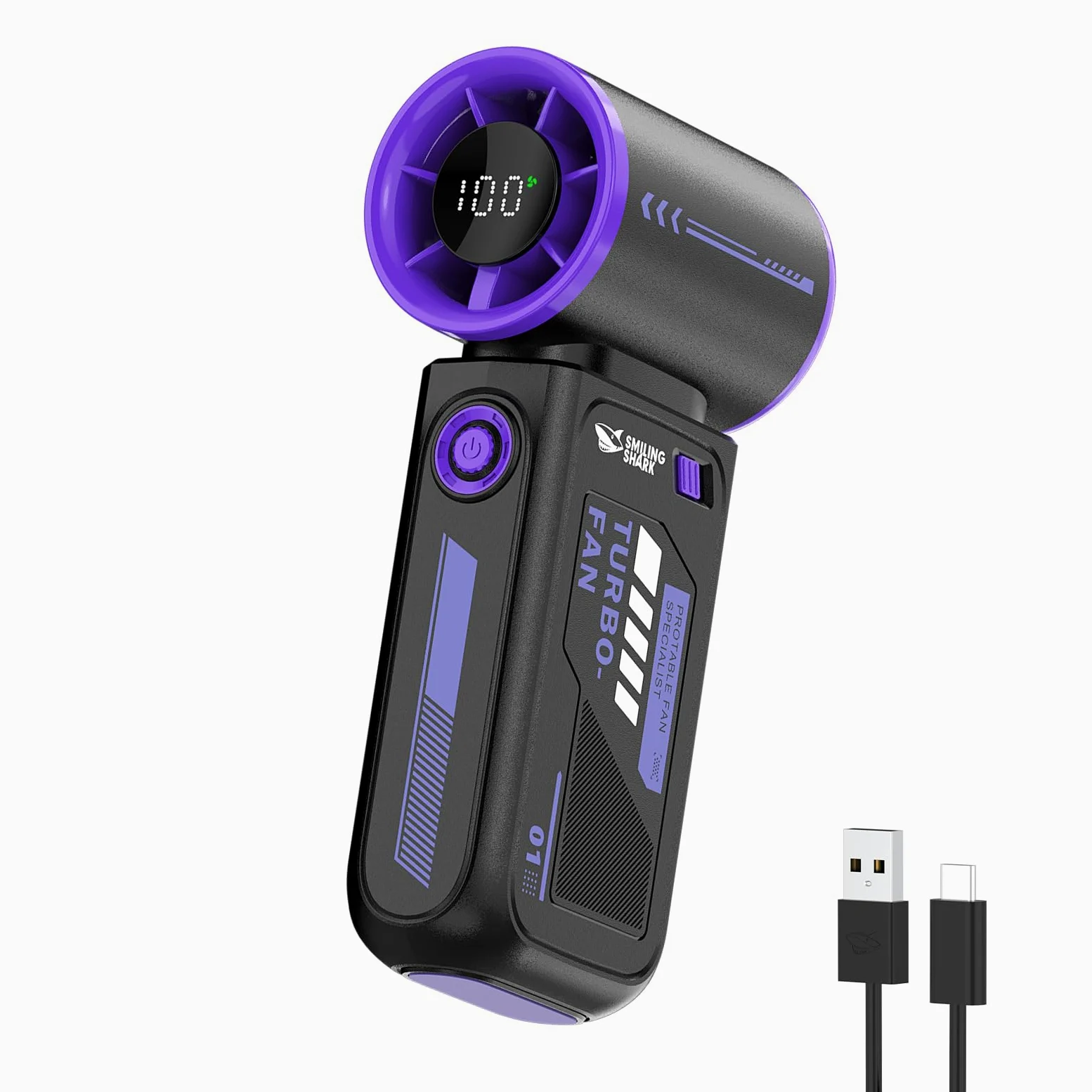 Smiling Shark TF-01 Ventilatore Turbo Portatile, Turbo Power 10m/s Alta Velocità Regolabile 1-100 Mini Ventilatore Portatile a Mano [Max 12H] con Display LED per Viaggi/Concerti/All'aperto/Campeggio