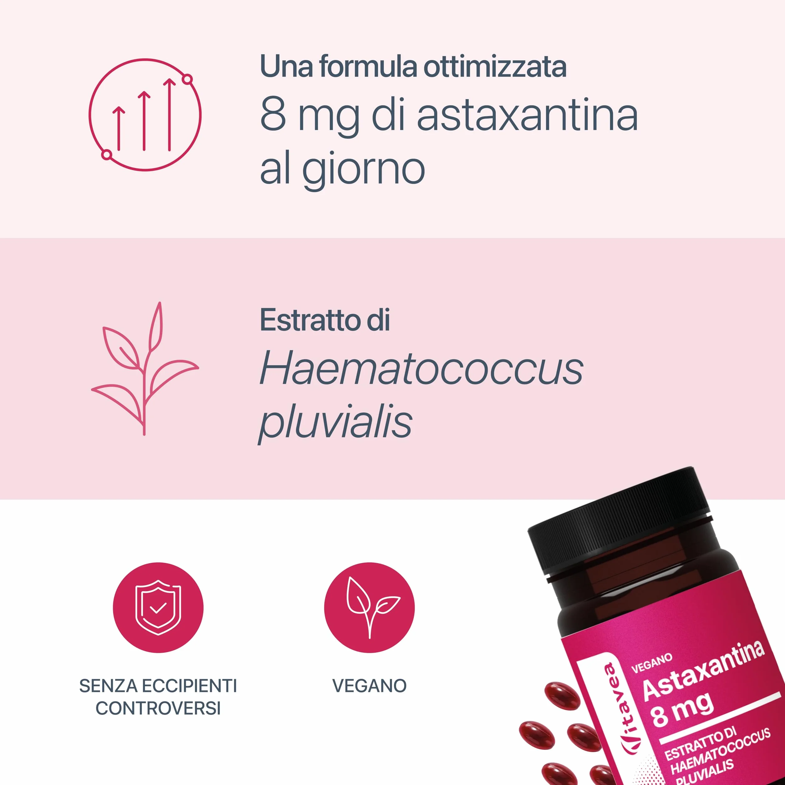 Astaxantina 80 mg Estratto Haematococcus Pluvialis 8 mg Antiossidante Naturale 60 Capsule Vegan Vitavea