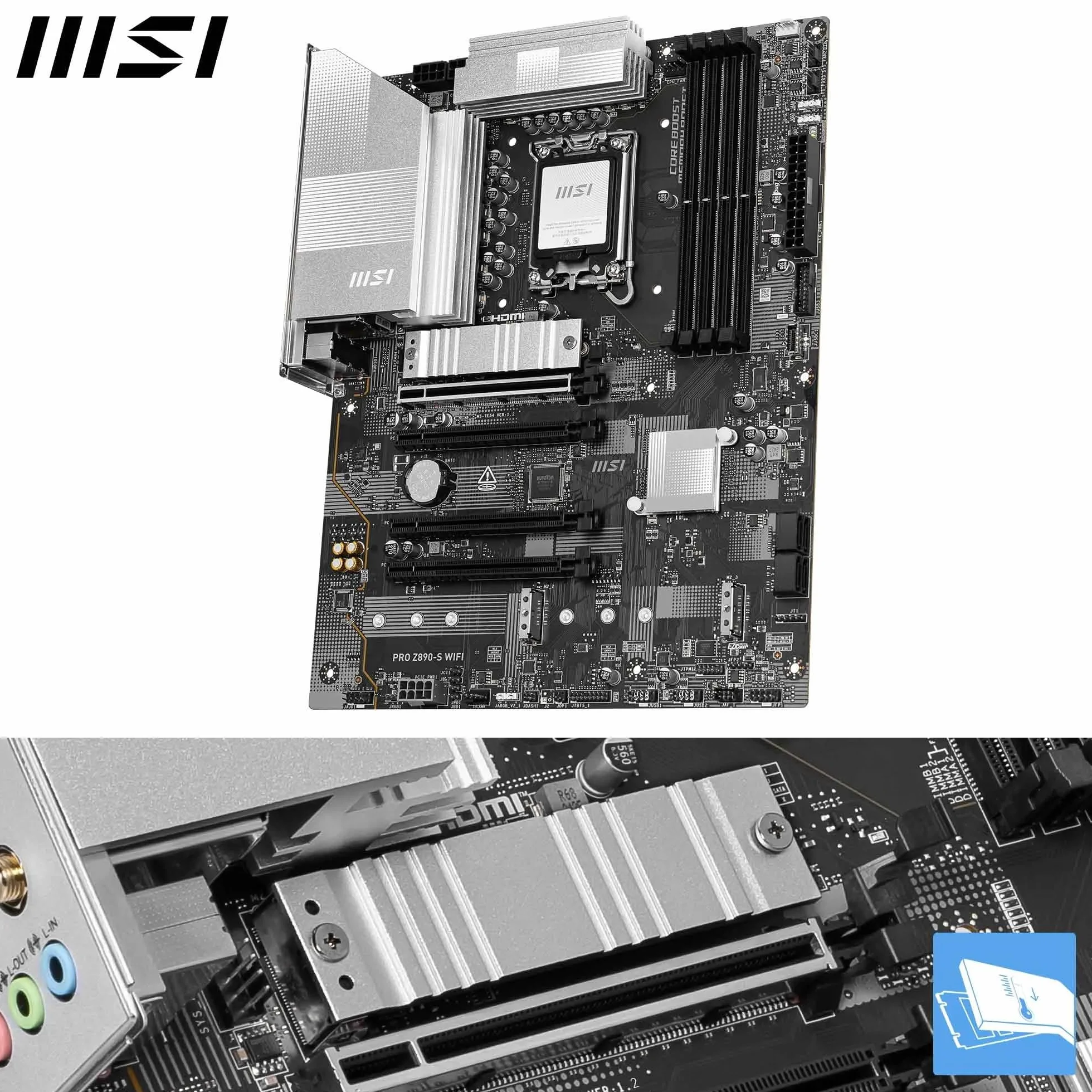 MSI PRO Z890-S WIFI Scheda Madre, ATX - Supporta i processori Intel Core Ultra (Serie 2), LGA 1851 - Memory Boost DDR5 (8600+ MT/s OC), PCIe 5.0 x16 e 4.0 x16, M.2 Gen5, Wi-Fi 7, LAN 2.5G