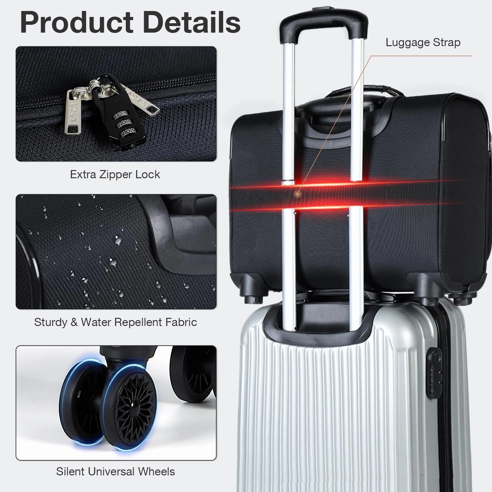 Borsa Trolley Porta PC con lucchetto TSA 4 Ruote per Laptop 15,6 Pollici Impermeabile Valigia per Viaggi - Nero