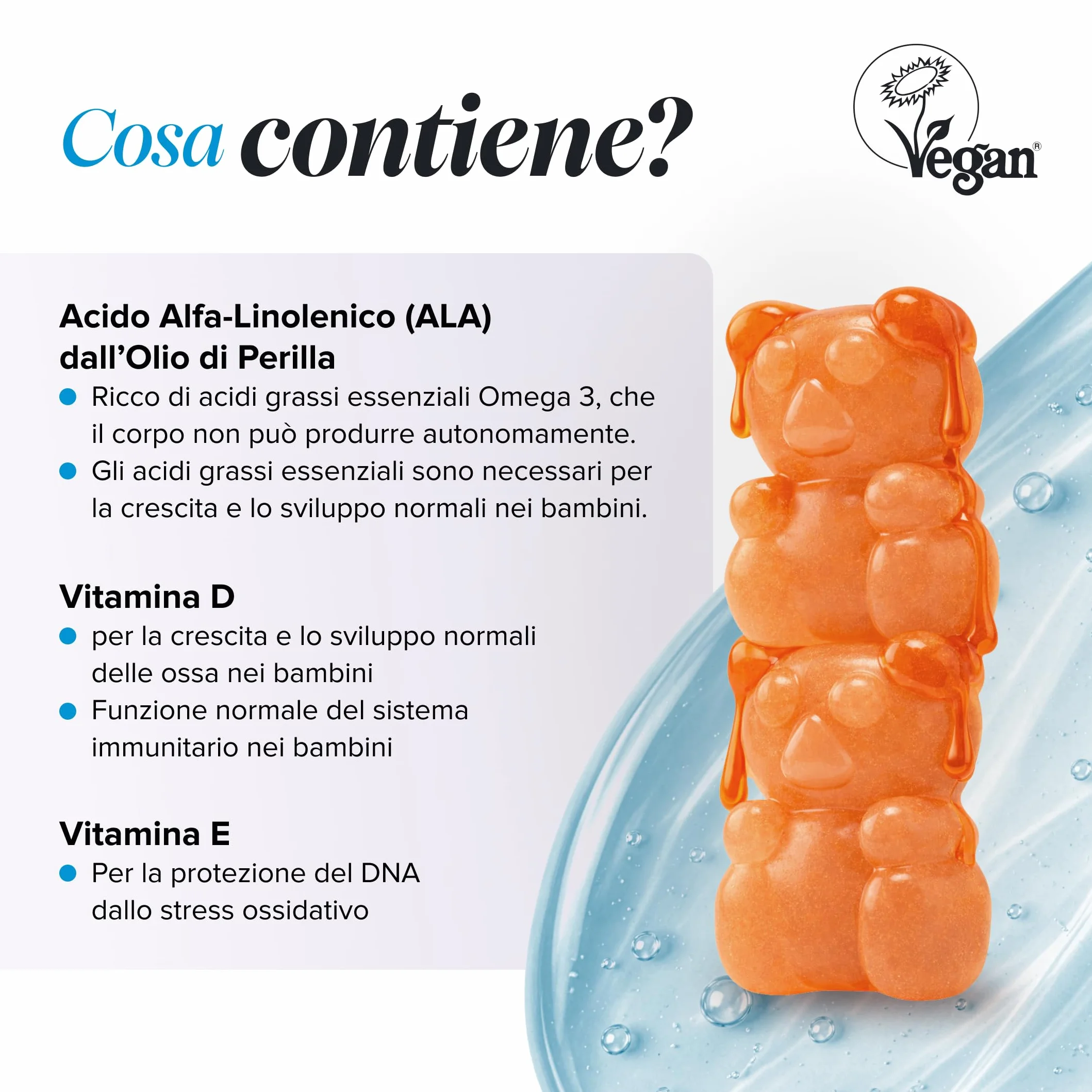 Novomins Omega 3 6 9 Vegan Gommose per Bambini con ALA Olio di Perilla 50mg Vitamine D ed E 30 Gusto Arancia