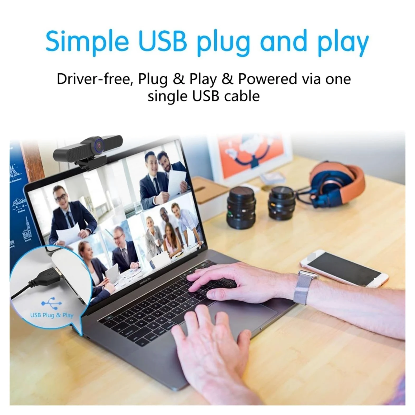 Webcam USB da 2,5 K con videocamera for conferenze con Zoom Digitale 4X 165 Gradi FOV 3 preimpostazioni for PC, TV e riunioni di Formazione