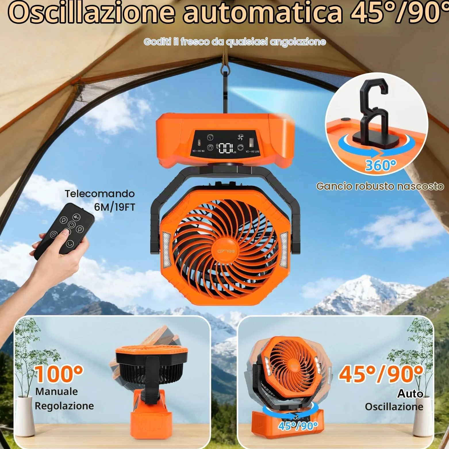 ELZO 20000mAh Ventilatore da campeggio con luce LED, Ricaricabile per Scrivania Tenda, USB Telecomando E gancio, 5 Velocità con Modalità sonno per Casa Ufficio Viaggi Pesca (Arancione)