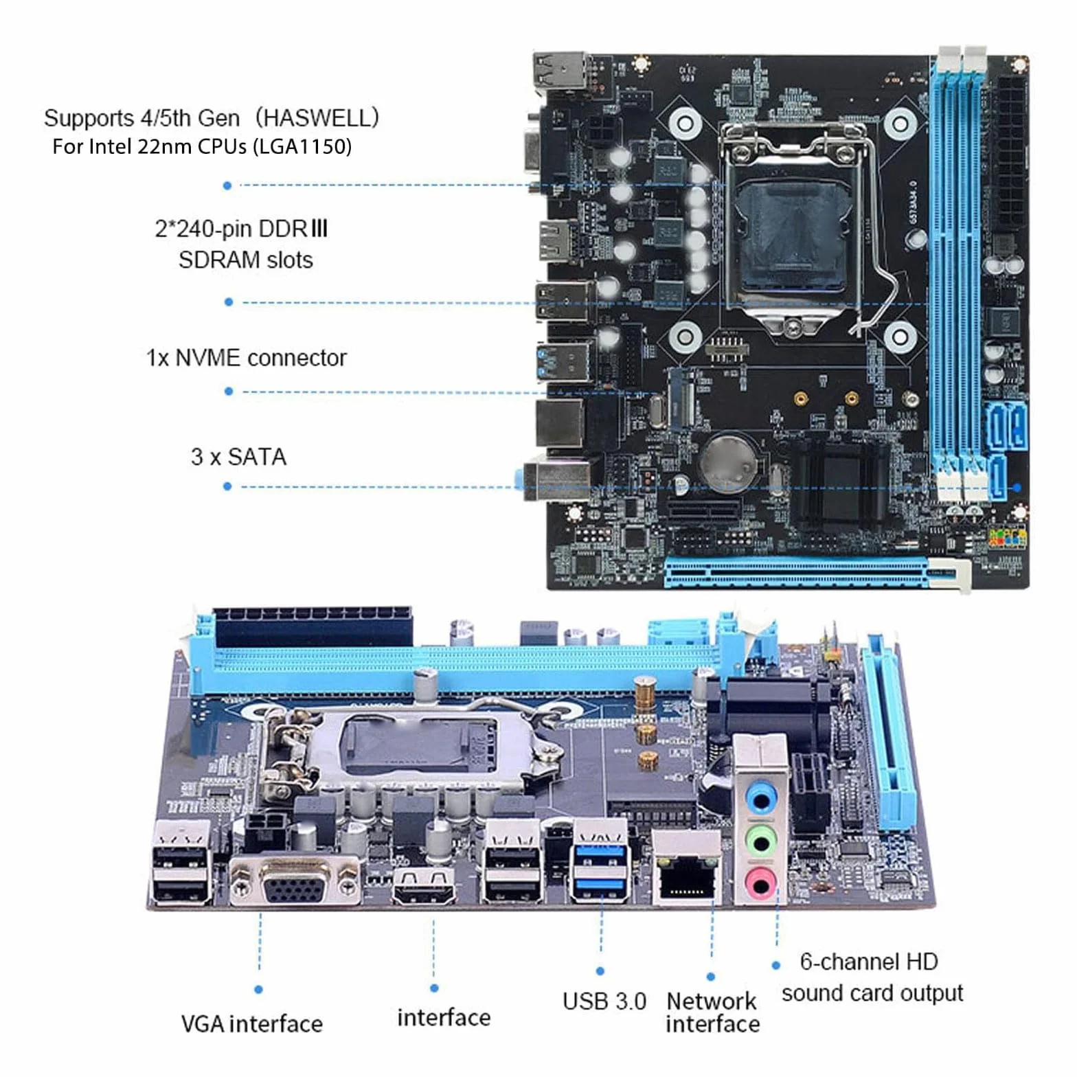 Nuwo H81 Scheda Madre Micro-ATX LGA 1150, Supporta Processori i3/i5/i7 4th Gen, 2 Slot Ram DDR3, slot M.2 NVME, HDMI, VGA, LAN, PCI-e x16, Bulk