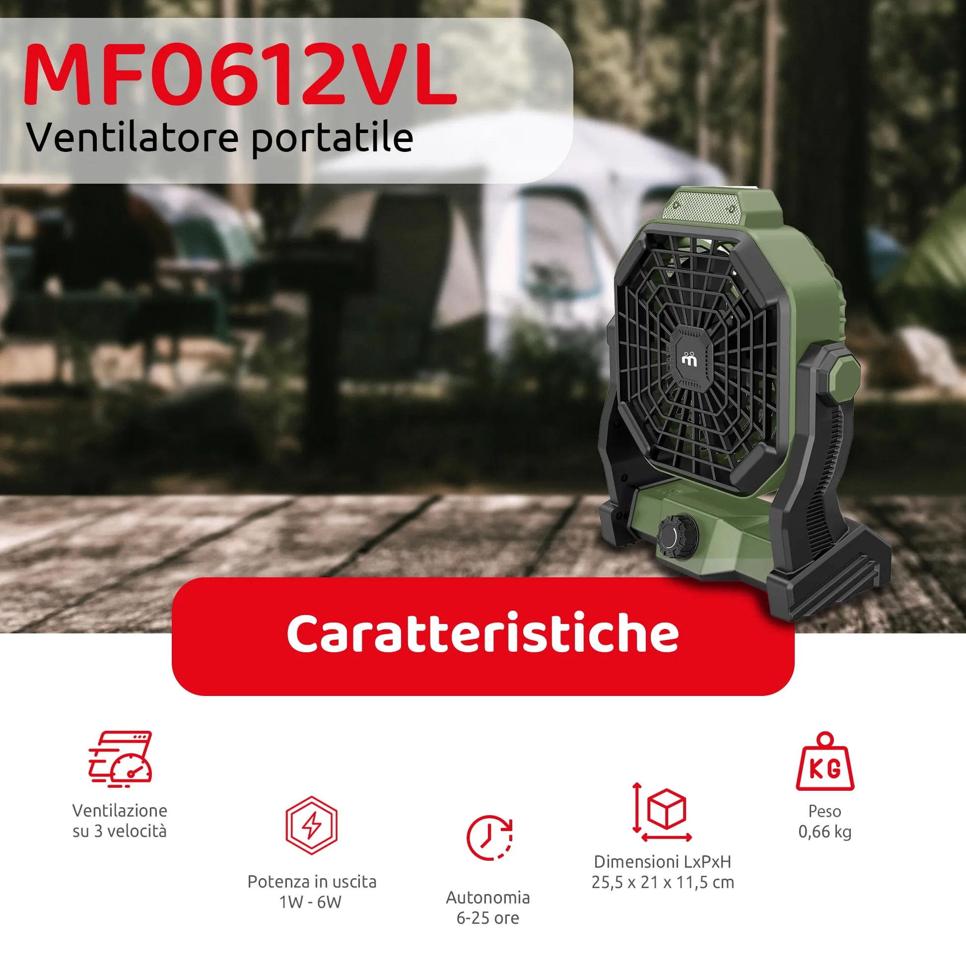 Melchioni Family | Ventilatore Portatile da Campeggio Ricaricabile con Luce, Batteria Incorporata da 5200 mah Ricaricabile tramite Cavo USB