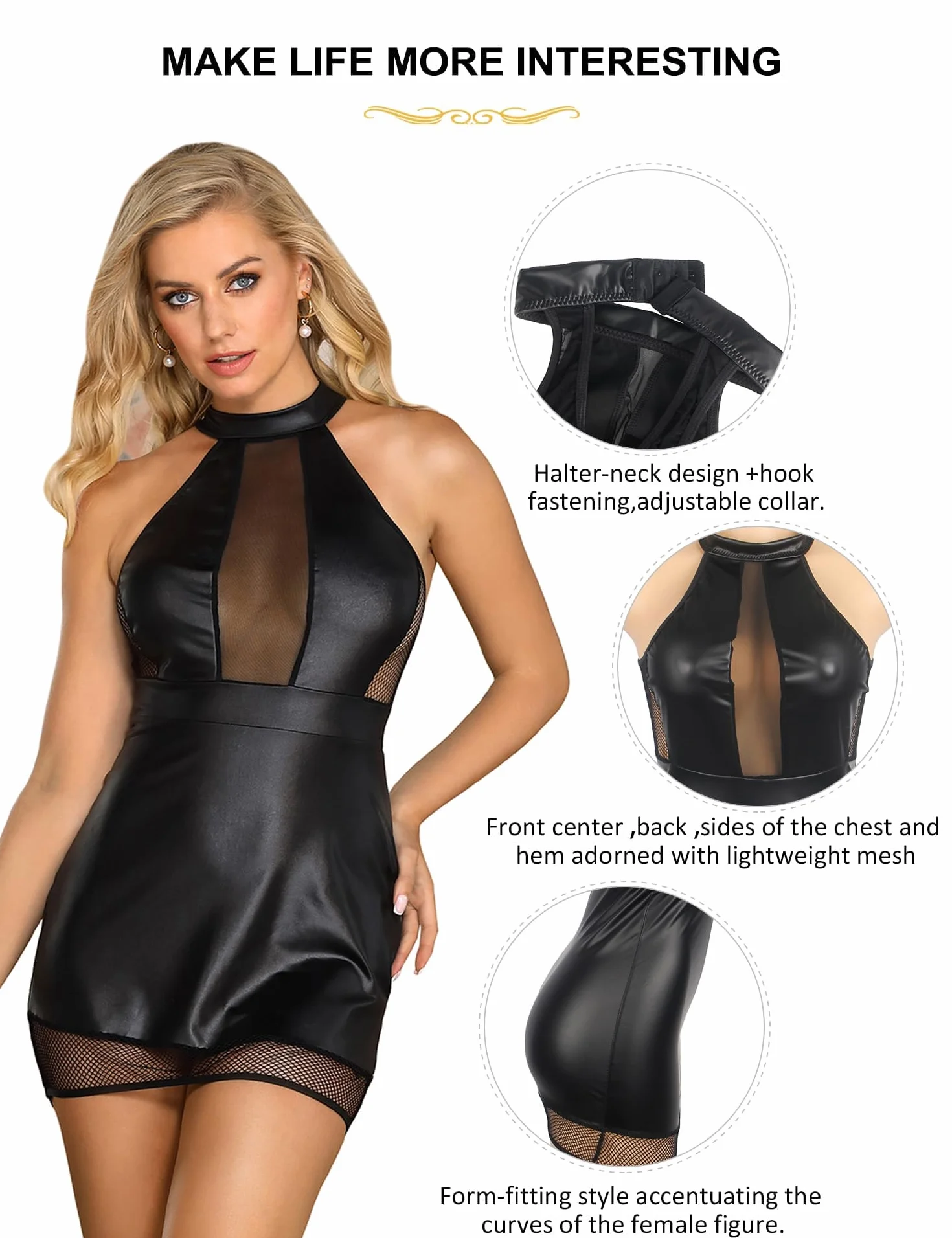 Sexydonna Hot Vestito Donna Discoteca Abbigliamento Pelle Sexy Tubino Elegante Nero Erotico Miniabito a Rete