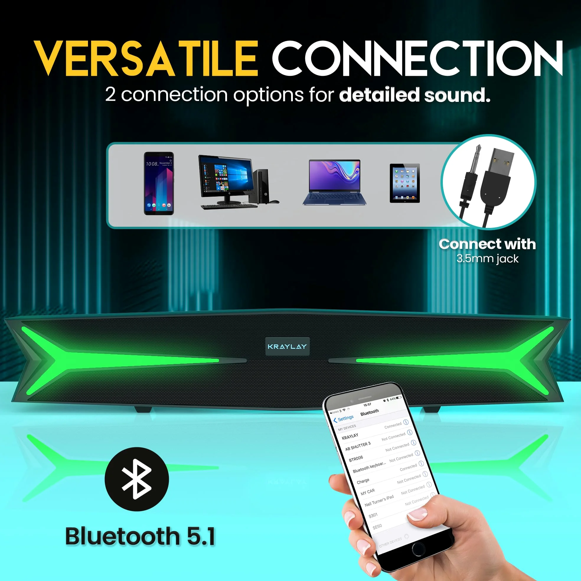 Soundbar desktop per computer da 15,5 pollici, soundbar Bluetooth con luci LED RGB, bassi trasparenti, AUX, USB, USB-C, soundbar per proiettori, TV, smartphone, console di gioco e laptop