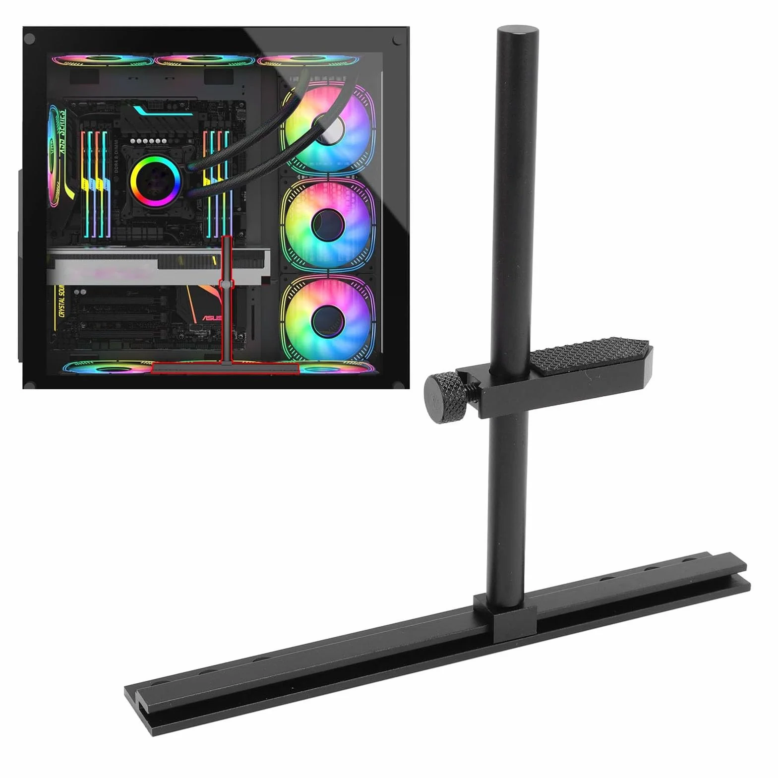 ASHATA Supporto GPU per Scheda Grafica - Supporto Regolabile per Scheda Video, Supporto per GPU in Lega di Alluminio, Ventola da 9 cm, 12 cm, 14 cm, per Case ITX MATX ATX (Nero)
