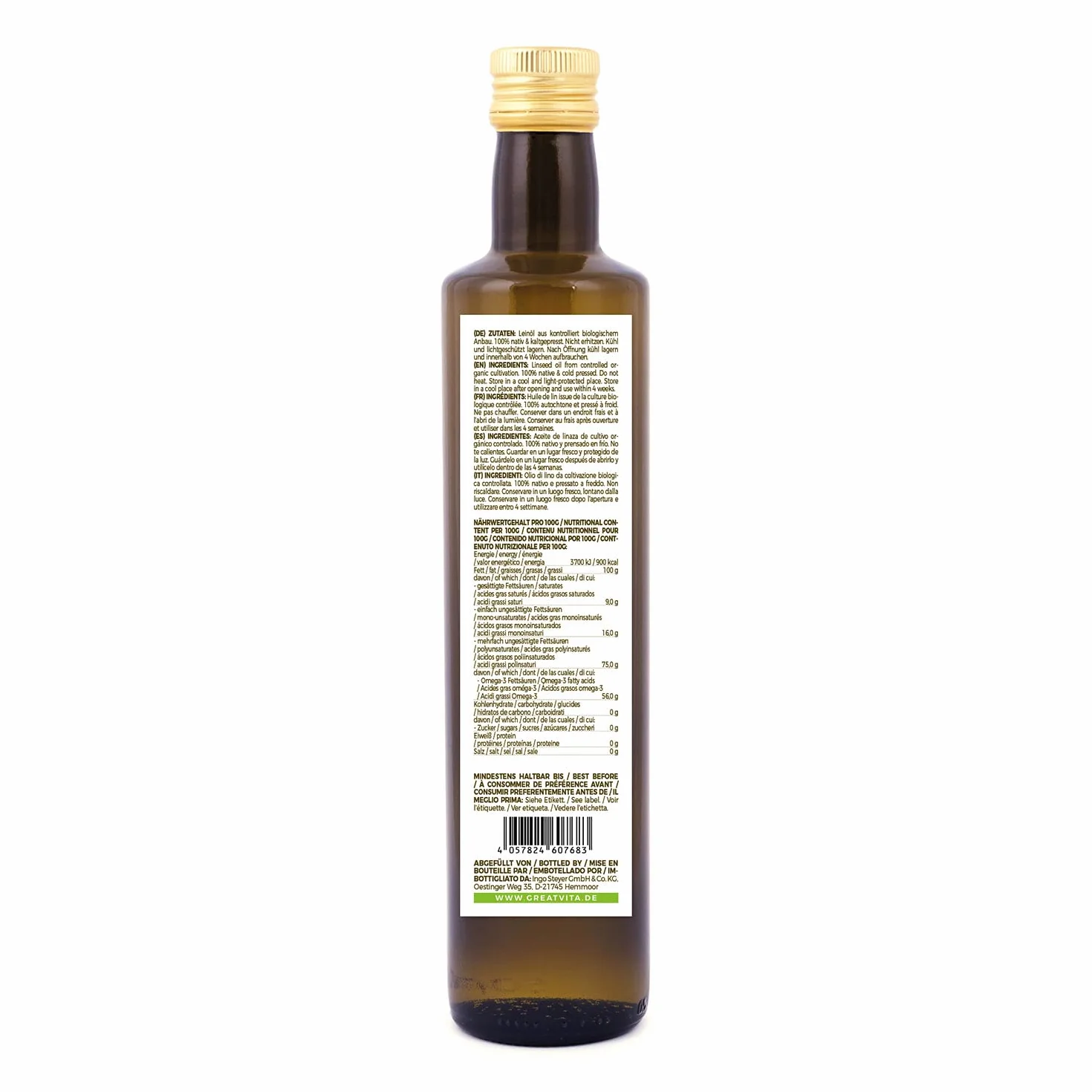 Olio di lino biologico MeaVita 100% puro spremuto a freddo 500ml bottiglia di vetro