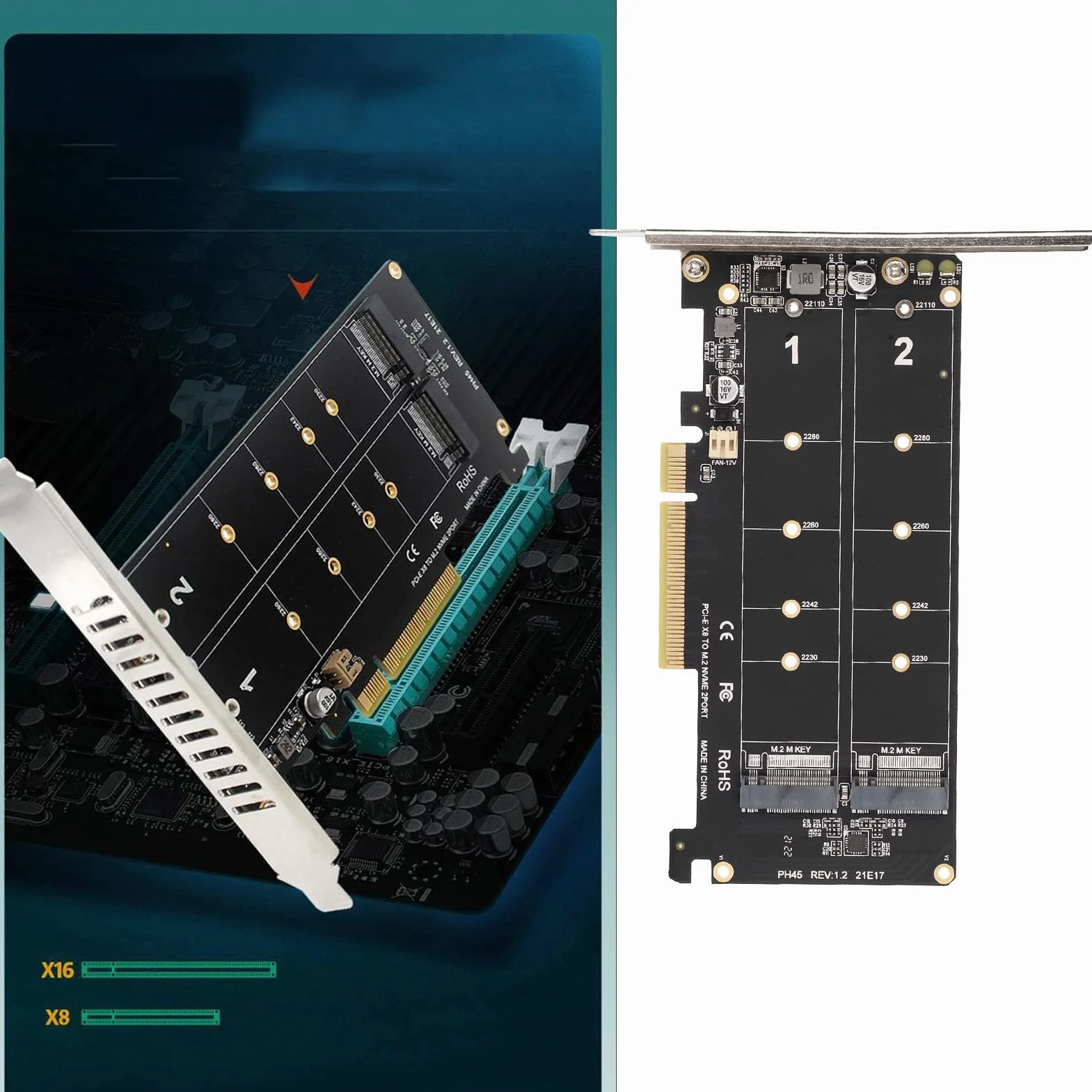 Topiky Scheda Adattatore Dual M 2 NVMe SSD a PCIE X8 M Key, Scheda di Espansione del Convertitore del Convertitore del Disco Rigido della Scheda Array di Divisione del Segnale, Scheda