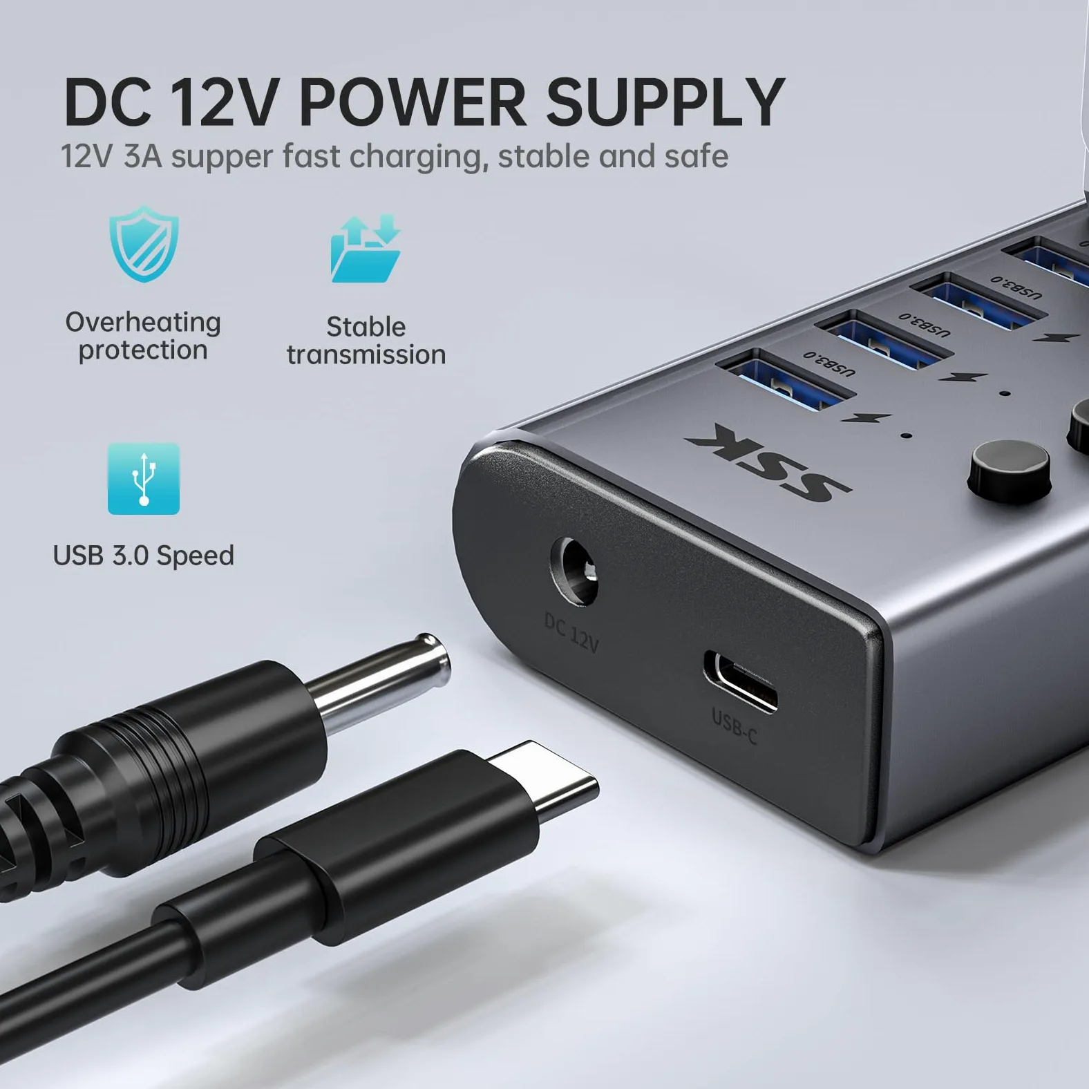 SSK Hub USB 3.0 alimentato a 7 porte, splitter di estensione USB in alluminio con interruttori e LED individuali, hub di ricarica USB a 5 Gbps di dati con adattatore DC12V3A e cavo da 3,93 piedi