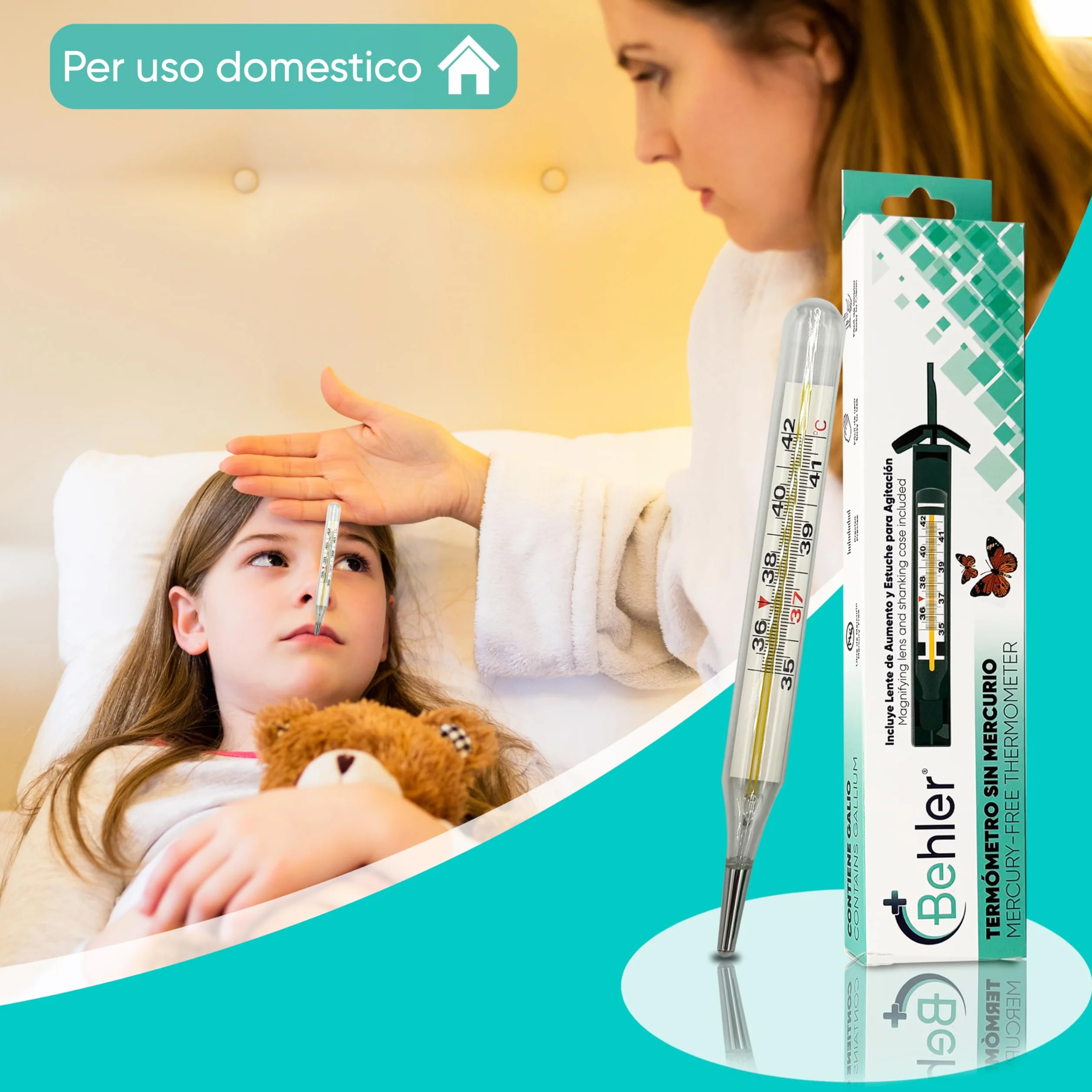 Termometro Febbre Senza Mercurio Senza Batterie Per Bambini e Adulti Include Lente di Ingrandimento e Custodia